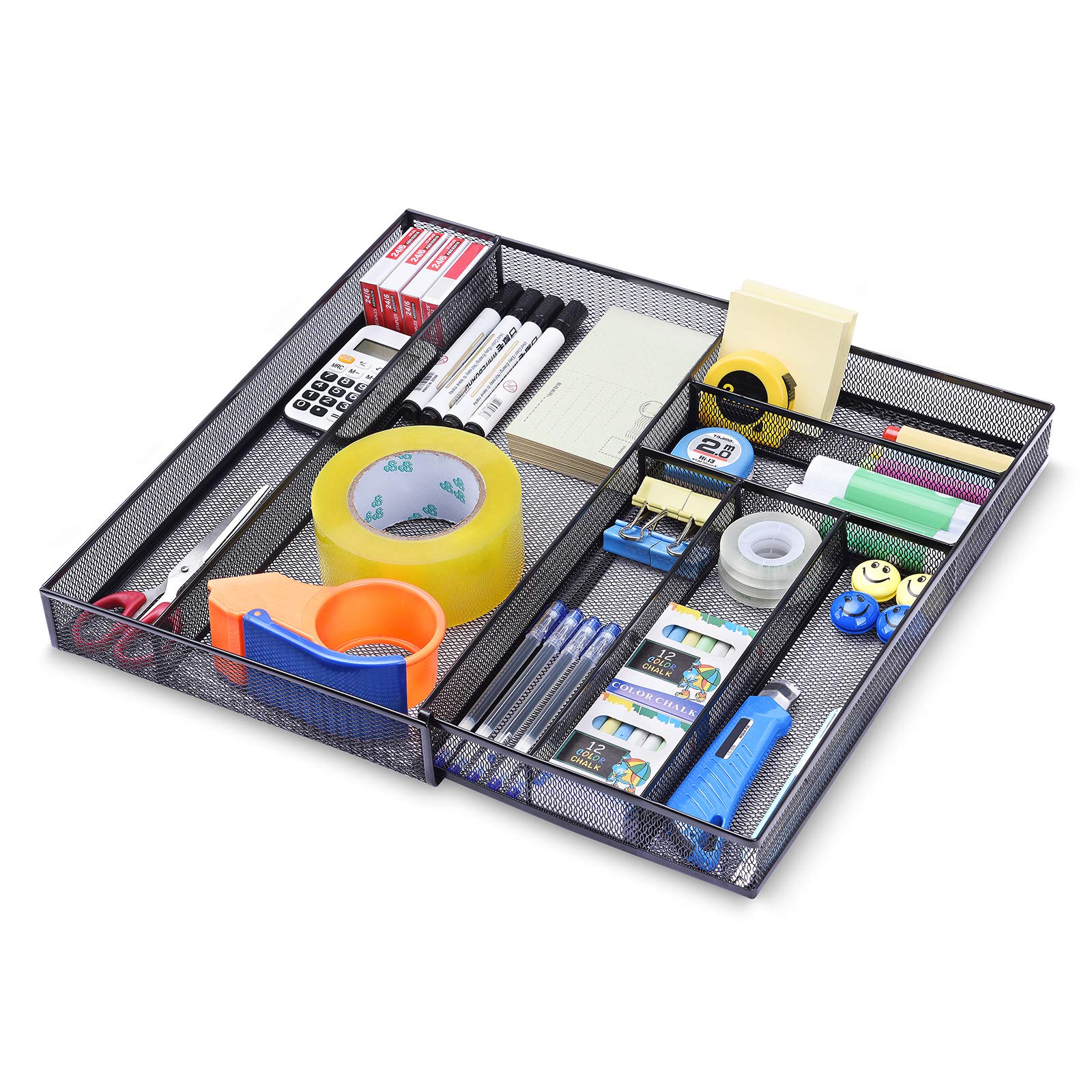 Expandable Mesh Desk Organizer with 7 Compartments - Black Metal Office Drawer Tray for Pens, Files & Supplies - Perfect for Home Office, School & Workspace Organization