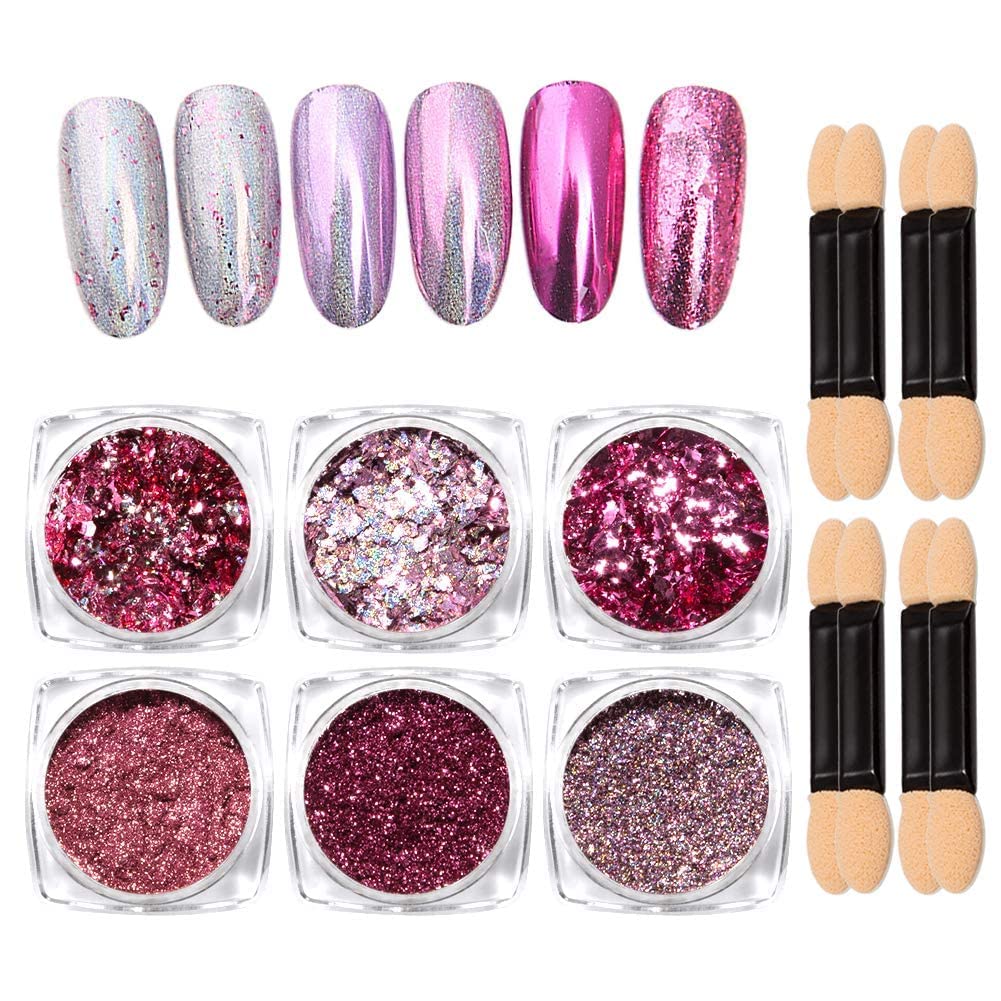 AISHU Chrome Nail Glitter Powder Set - 6 Pcs Metallic Mirror Nail Art Powder for Women & Girls - Pink Purple Nail Decoration for Manicure, Nail Designs - Perfect for Parties, Weddings & Salon Nail Art