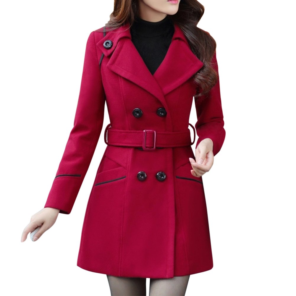 Women's Double Breasted Wool Blend Jacket - Vintage Lapel Trench Coat with Belt | Warm Winter Outerwear for Office, Dating & Casual Wear