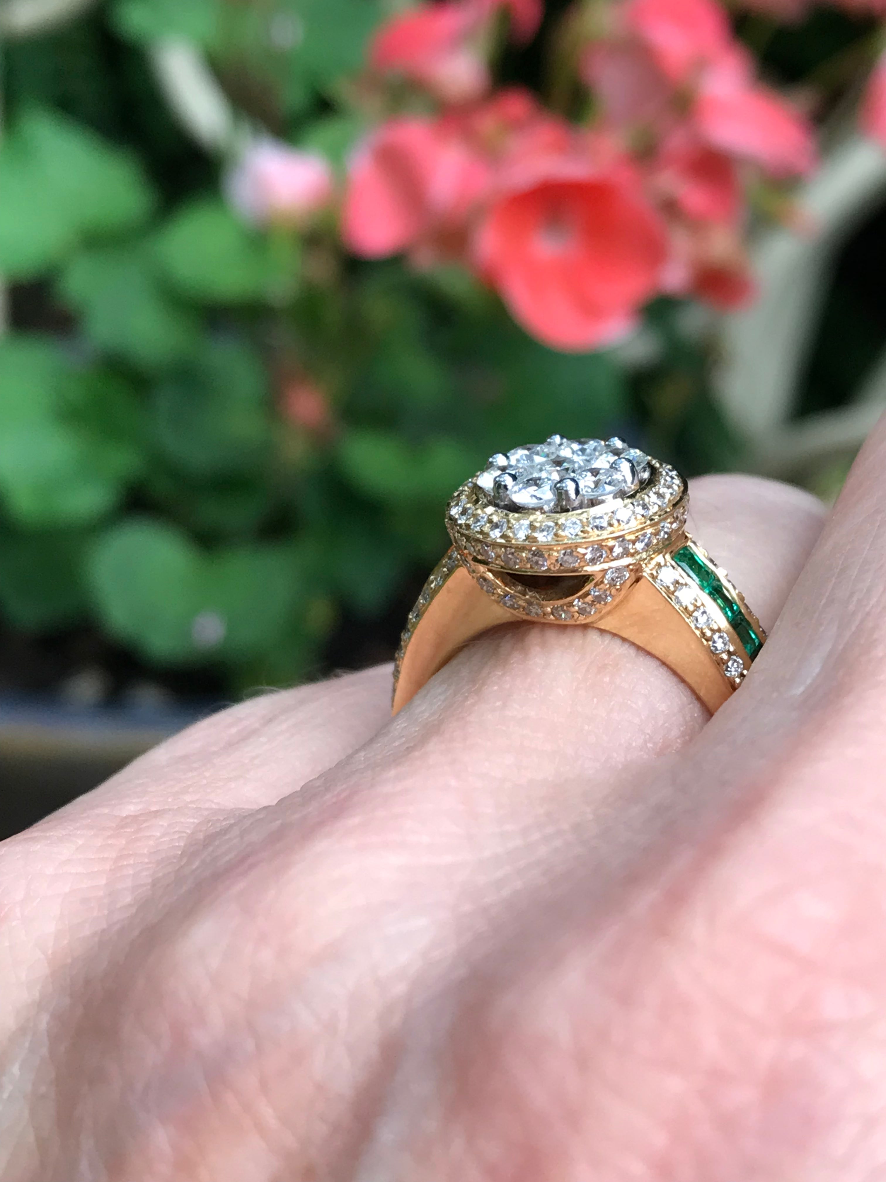 18ct Yellow Gold Diamond & Emerald Halo Ring | Elegant Engagement & Wedding Jewelry for Women | Perfect for Proposals, Anniversaries & Special Occasions