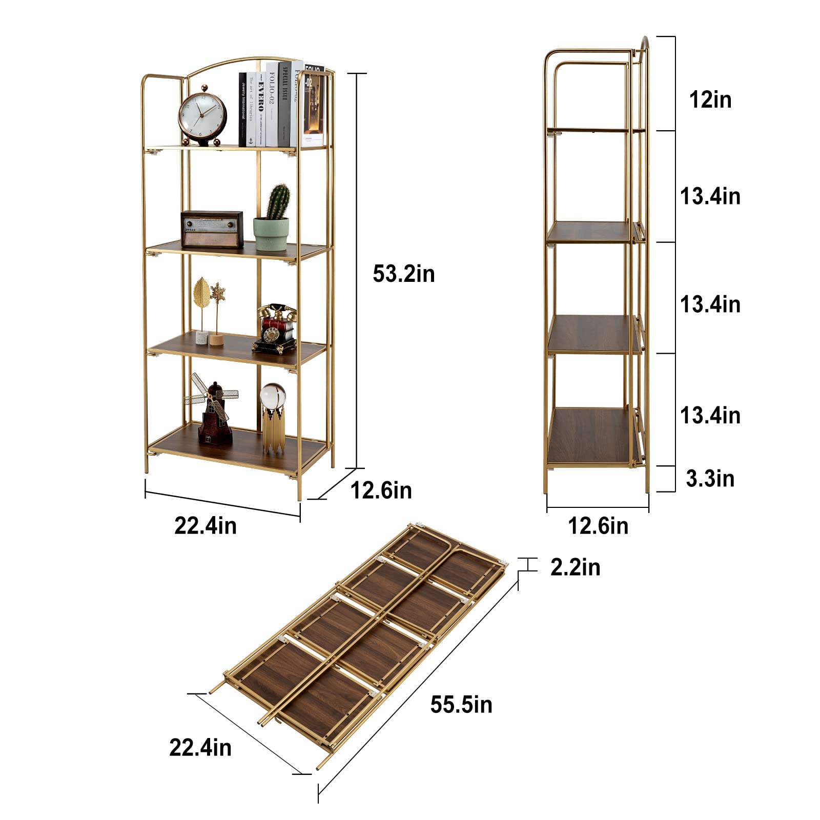 Crofy No Assembly Folding Bookshelf - 4 Tier Gold Collapsible Bookcase for Living Room & Home Office - Portable Storage Organizer for Books, Magazines & Decor - Perfect for Small Spaces & Room Organization