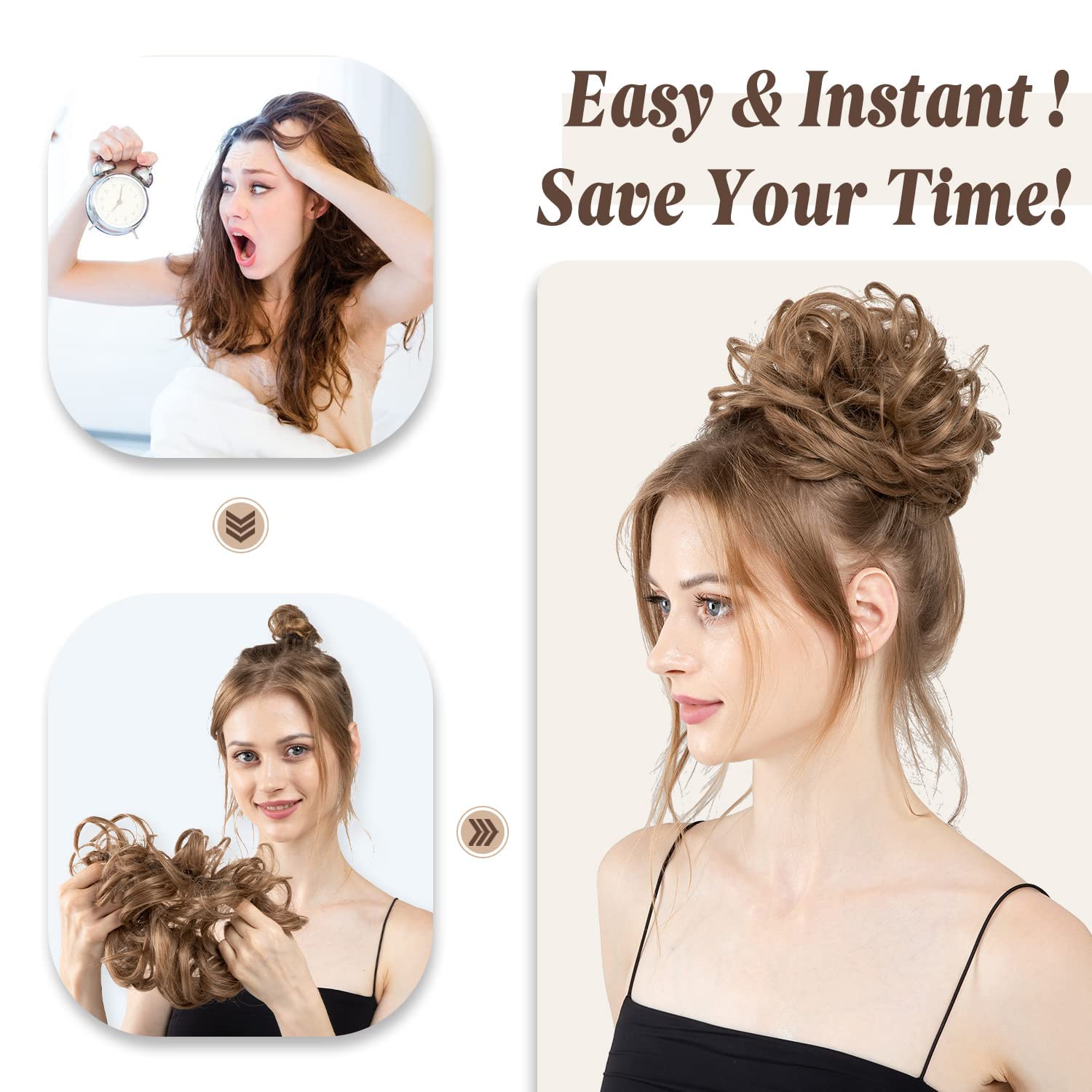 VSAKSH Dark Brown Wavy Curly Messy Bun Hair Piece - Large Synthetic Hair Bun Scrunchies Extensions for Women & Girls - Perfect for Updos, Cosplay, and Everyday Hairstyles