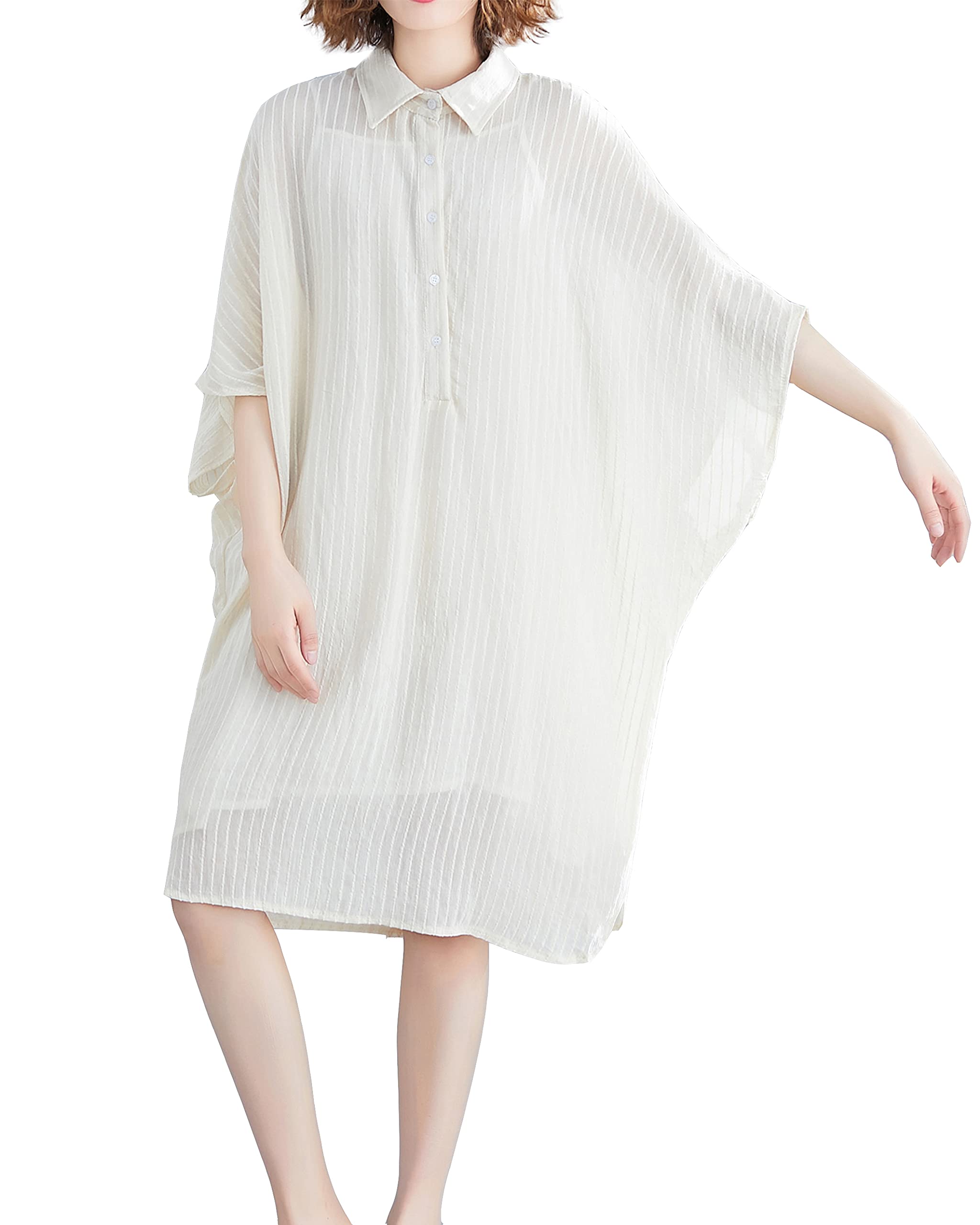EllaZhu Women's Summer Batwing Short Sleeve Collar Midi Dress - Knee Length Casual Shirt Dress GA2323 | Perfect for Office, Date Night & Summer Outings