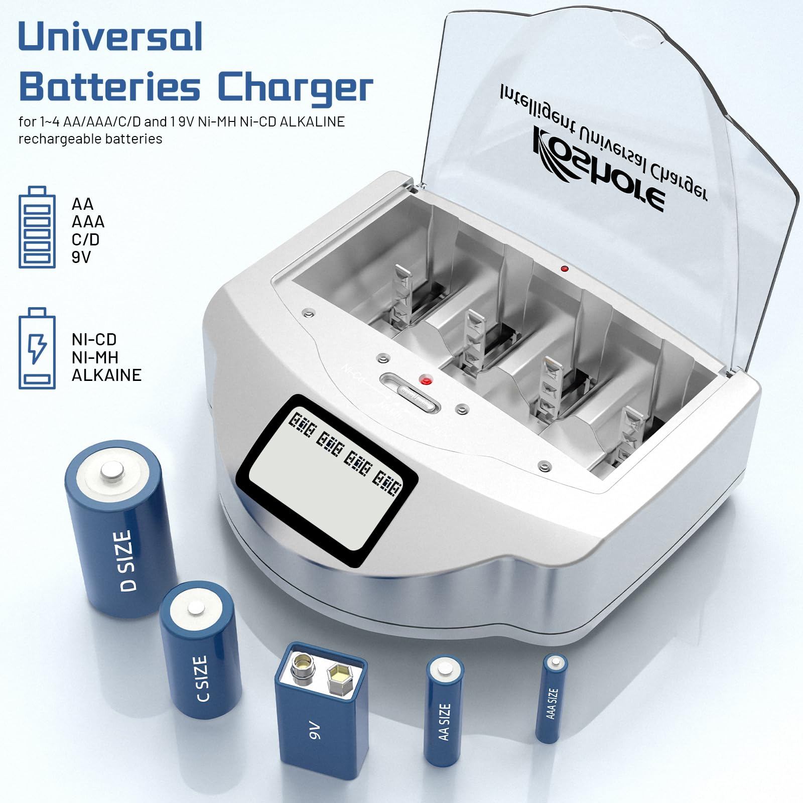 Koshore Alkaline Battery Charger - Balance Charger Discharger for AA AAA C D 9V Ni-MH Ni-CD Rechargeable Batteries | FCC & UL Certified | Perfect for Home, Office & Emergency Power Backup
