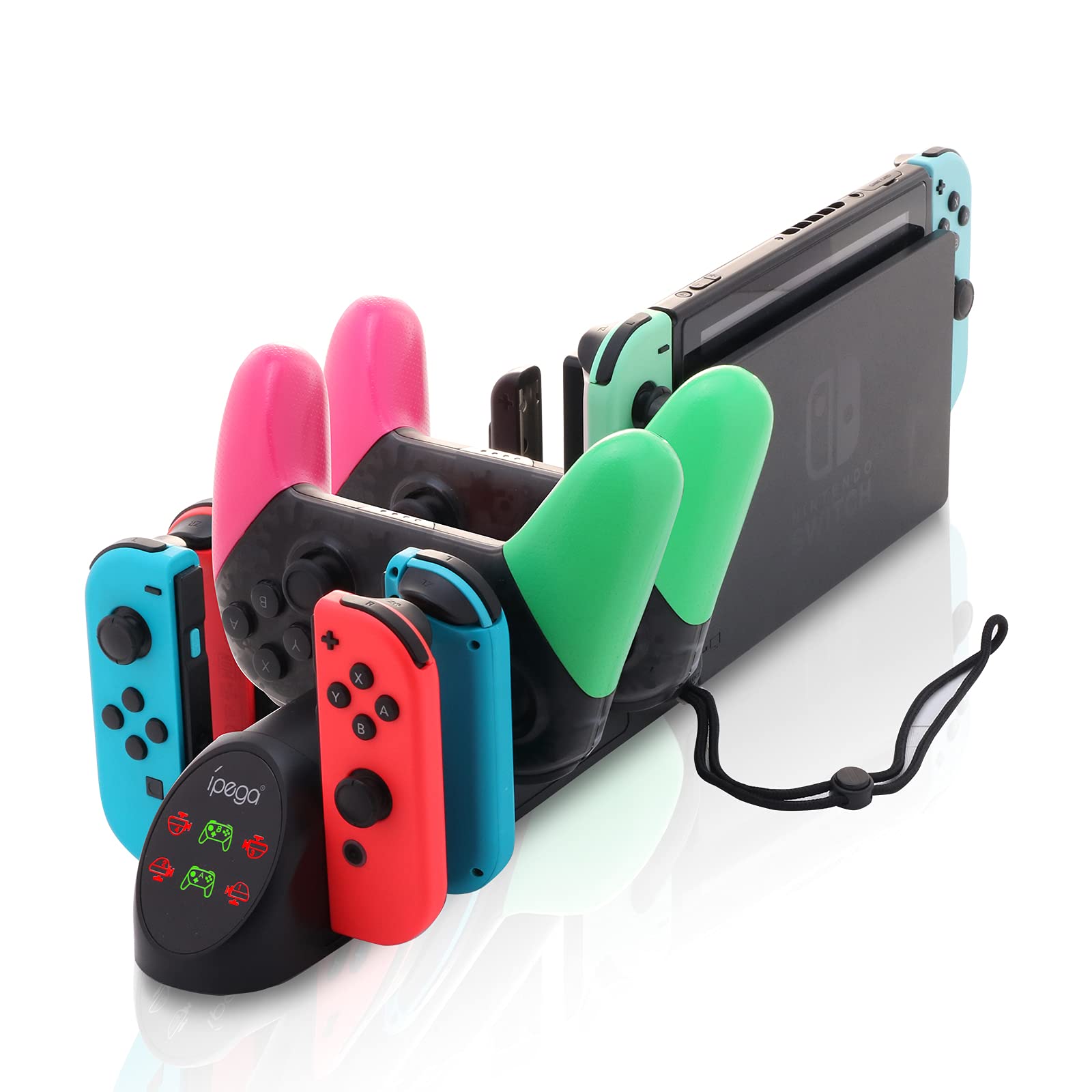 ECHZOVE Nintendo Switch Controller Charger - Fast Charging Dock for 4 Joy-Con & 2 Pro Controllers with USB 2.0 Ports | Includes 2 Joy-Con Wrist Straps | Perfect for Multiplayer Gaming Sessions & Family Game Nights (Not Compatible with PowerA Pro Controllers)