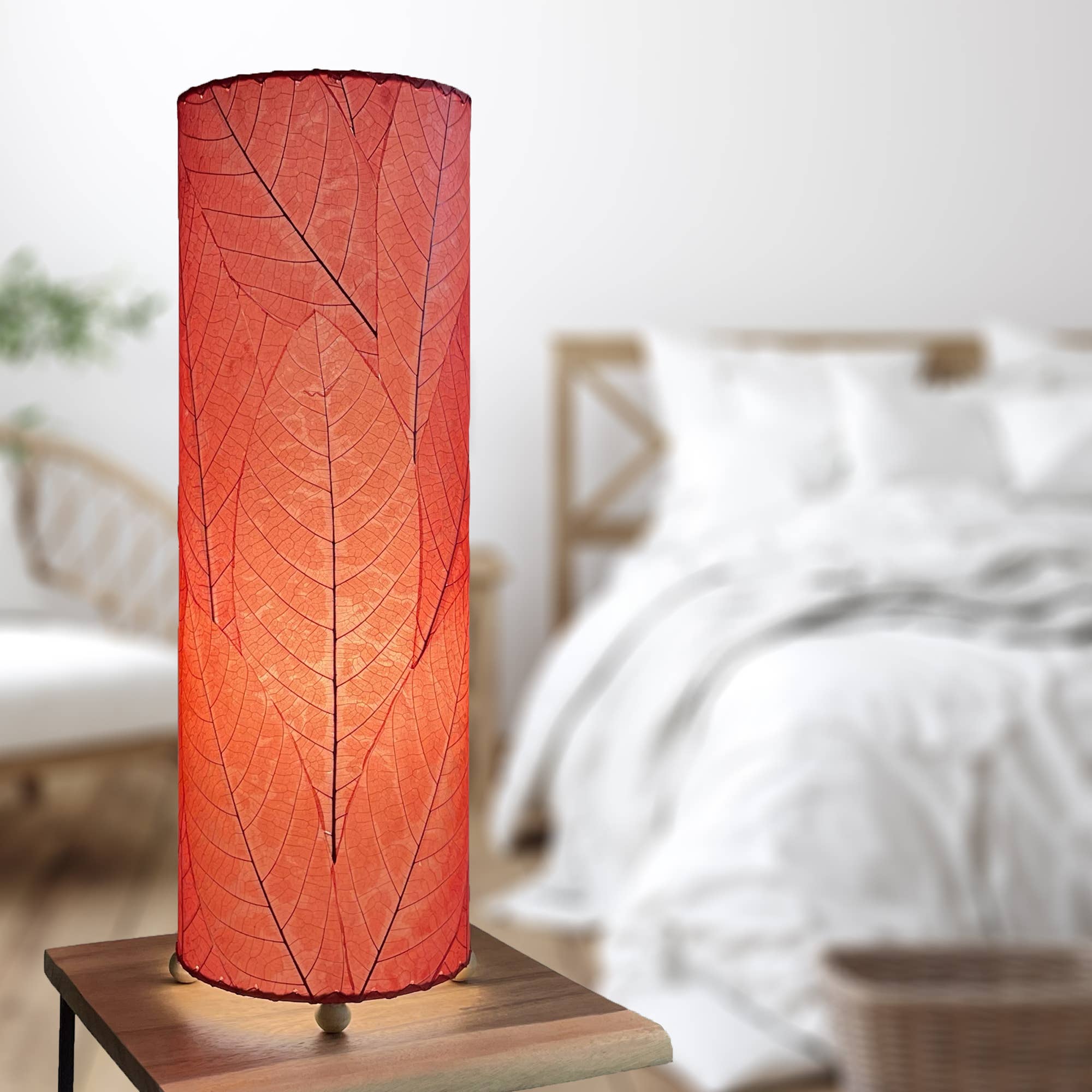 24 Inch Cocoa Leaf Cylinder Table Lamp - Modern Red LED Nightstand Lamp for Bedroom, Living Room & Office Decor