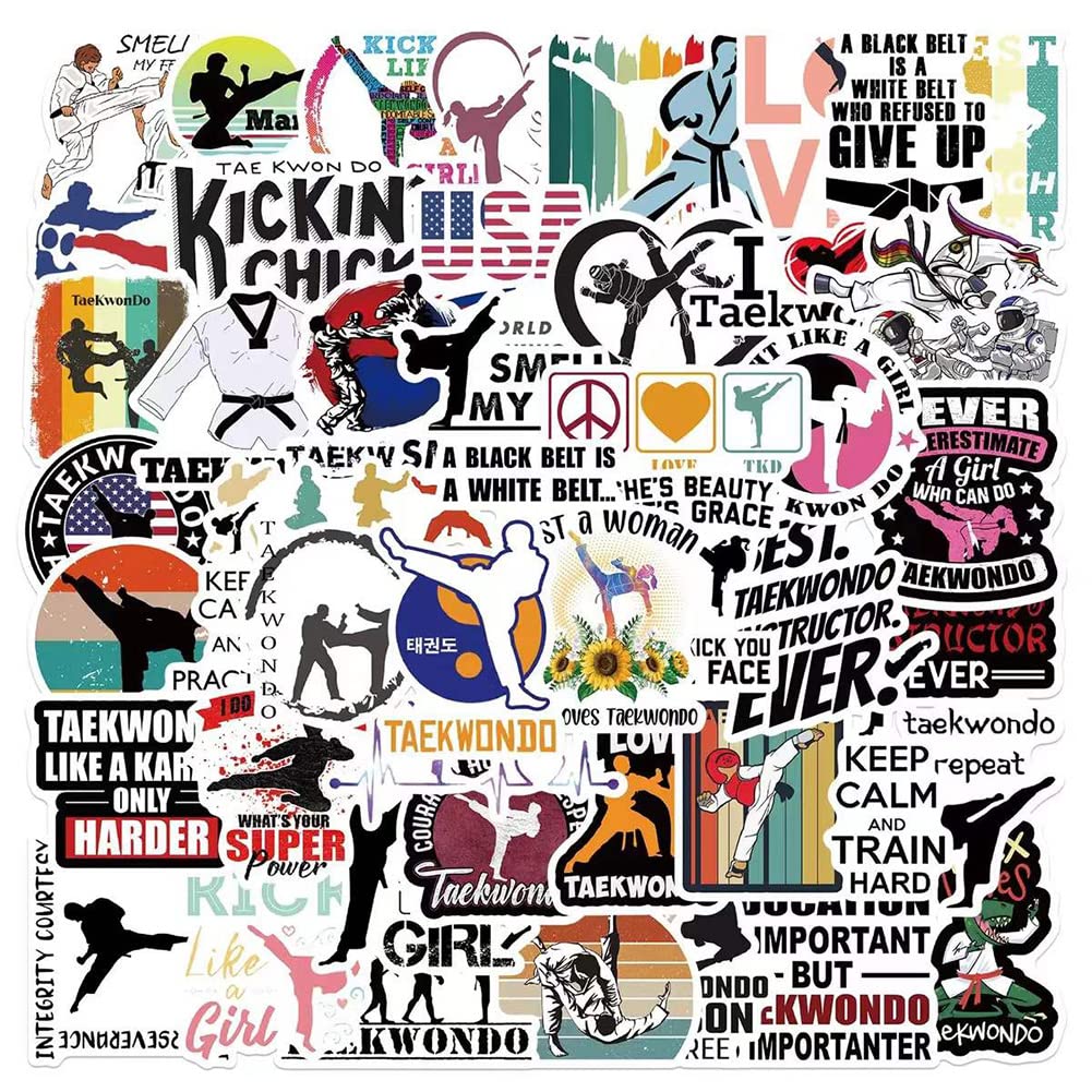 50 Pcs Waterproof Taekwondo Stickers - Martial Arts Vinyl Decals for Water Bottles, Laptop, Luggage, Cup, Phone, Skateboard, Guitar, Helmet & Snowboard - Perfect for Martial Arts Enthusiasts & Sports Gear Customization