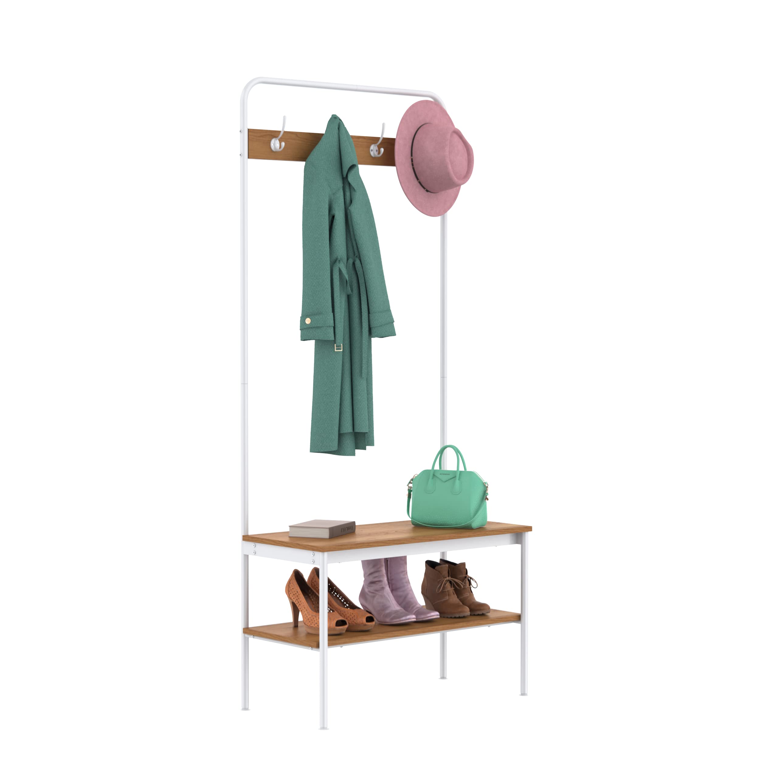 ClosetMaid Hall Tree with Shoe Bench - 4 Hooks & Storage Shelf - Coat Rack for Entryway - Wheat & White Metal - Perfect for Mudroom, Foyer & Home Organization