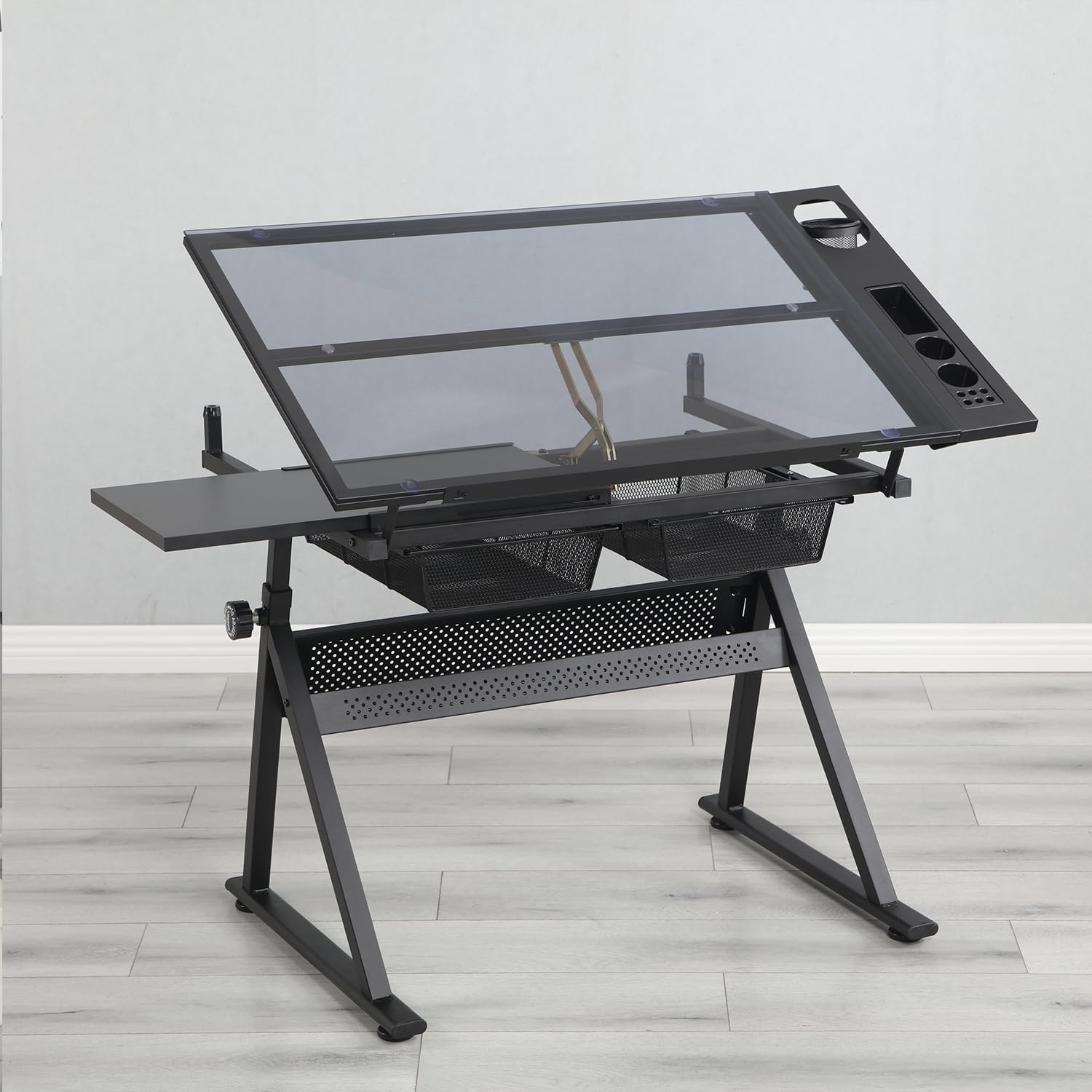 Height Adjustable Glass Drafting Table with Stool - Tiltable Art Drawing Desk with Storage for Office, School & Studio | Perfect for Artists, Architects & Designers | Ergonomic Workspace Solution for Sketching, Drafting & Creative Projects
