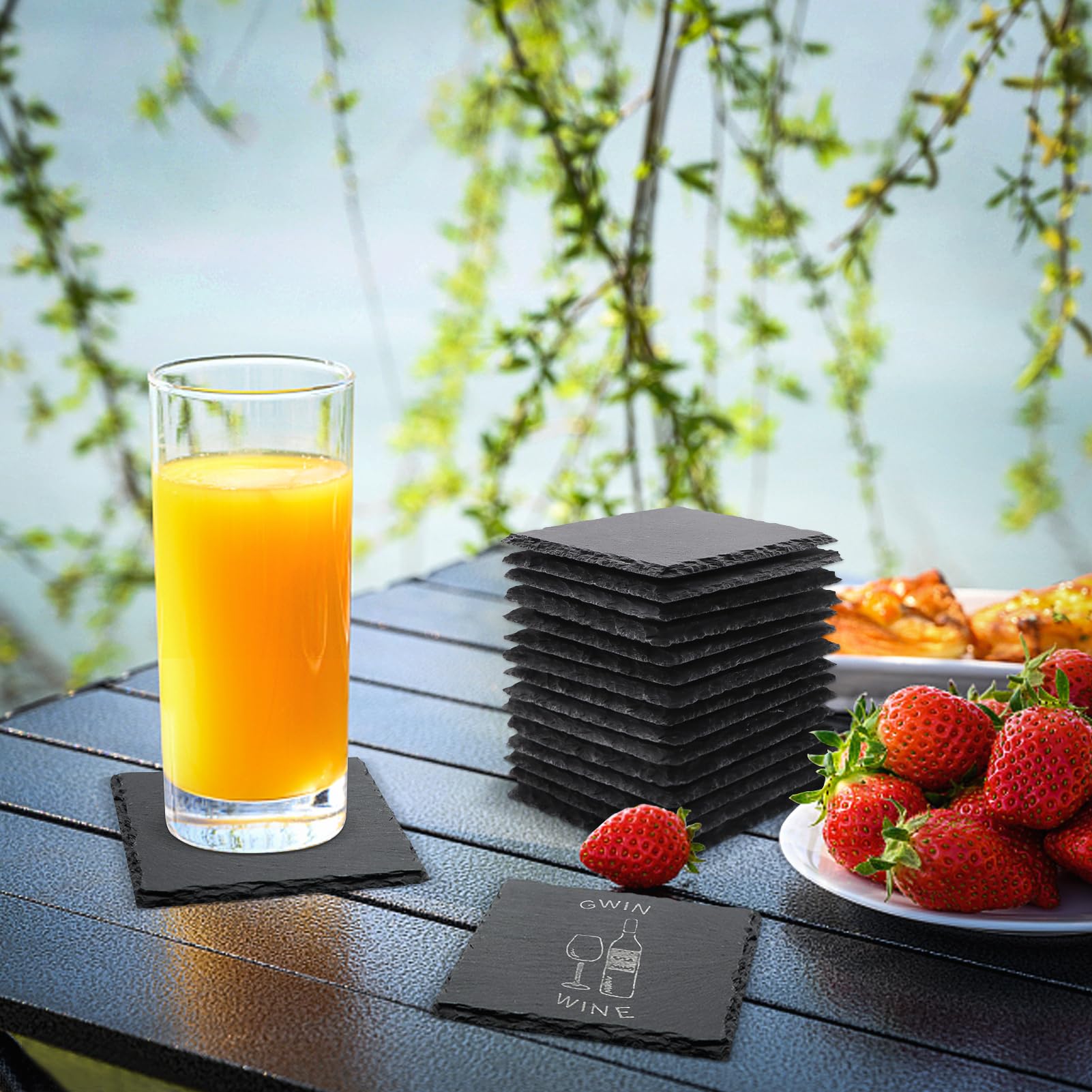 60 Pack Black Slate Drink Coasters - 4 Inch Square Natural Stone Coasters Bulk Set with Laser Engraving & Anti-Scratch Bottom for Coffee, Beer, Wine - Perfect for Home, Bar, Kitchen, Office & Restaurant Decor