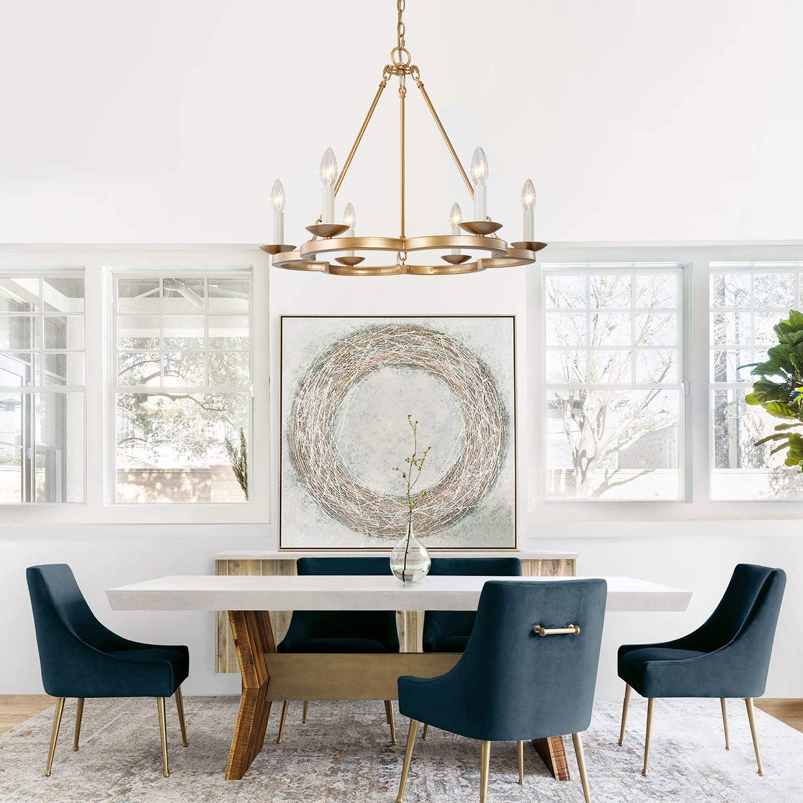 Modern Farmhouse Chandelier - Gold Wagon Wheel Ceiling Light Fixture with 6 Lights, Rustic Dining Room Chandelier for Farmhouse, Living Room & Bedroom Decor | Perfect for Country Homes, Restaurants and Cabin Lighting