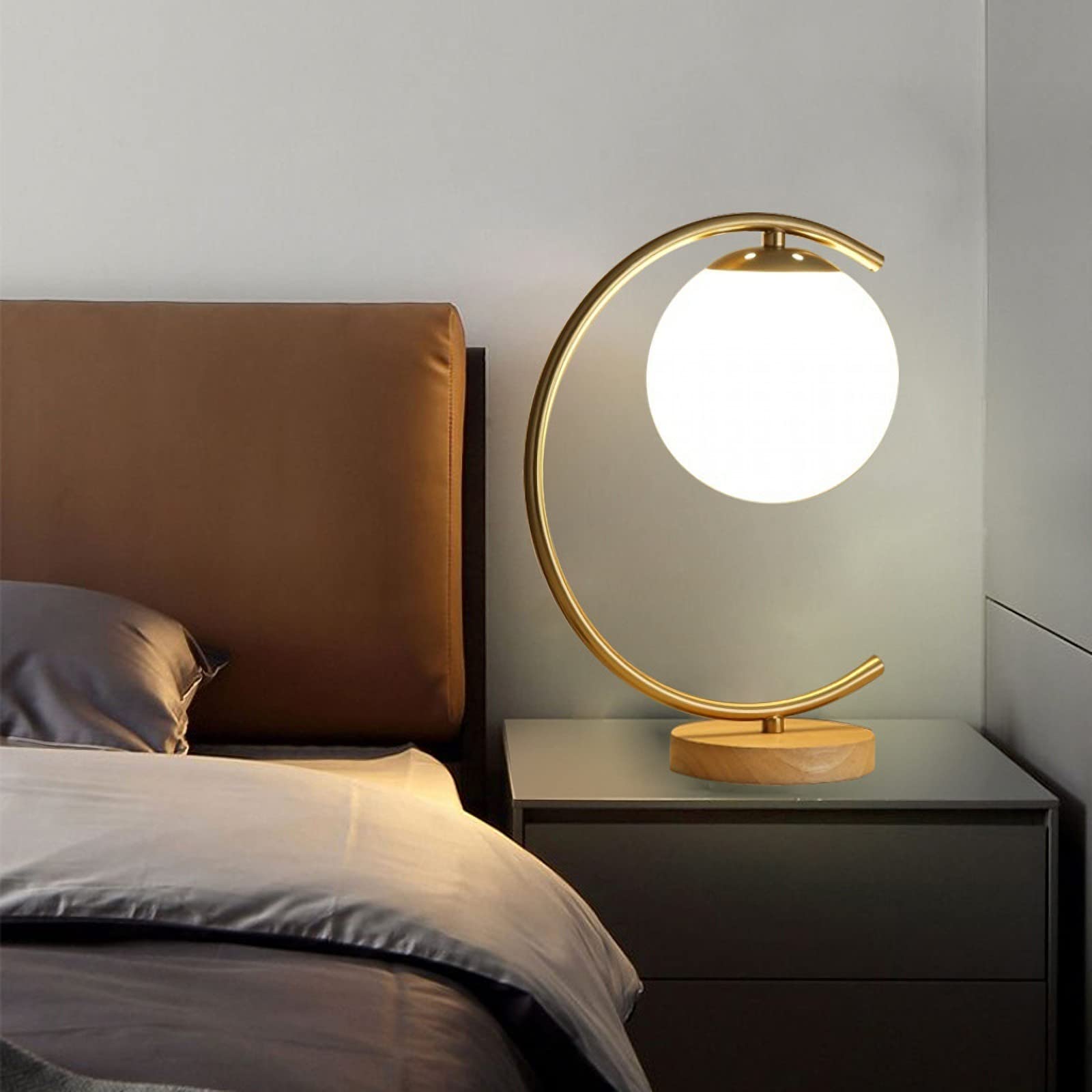 Modern Gold Glass Goble Bedside Table Lamp - Brass Nightstand Lamp with Round Frosted Glass Shade & Metal Base - Perfect for Reading, Office, Bedroom and Living Room Decor