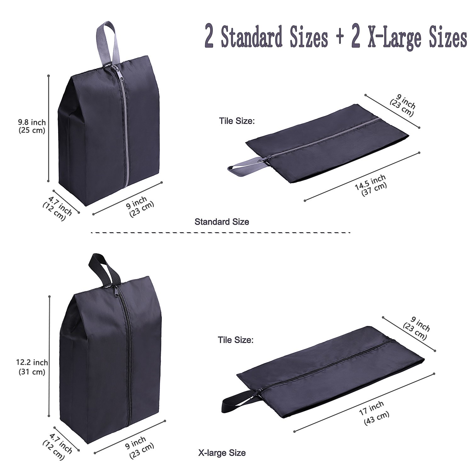 YAMIU Waterproof Travel Shoe Bags Set of 4 - Nylon Zipper Shoe Organizers for Men & Women (Black) - Perfect for Gym, Business Trips & Vacation Packing