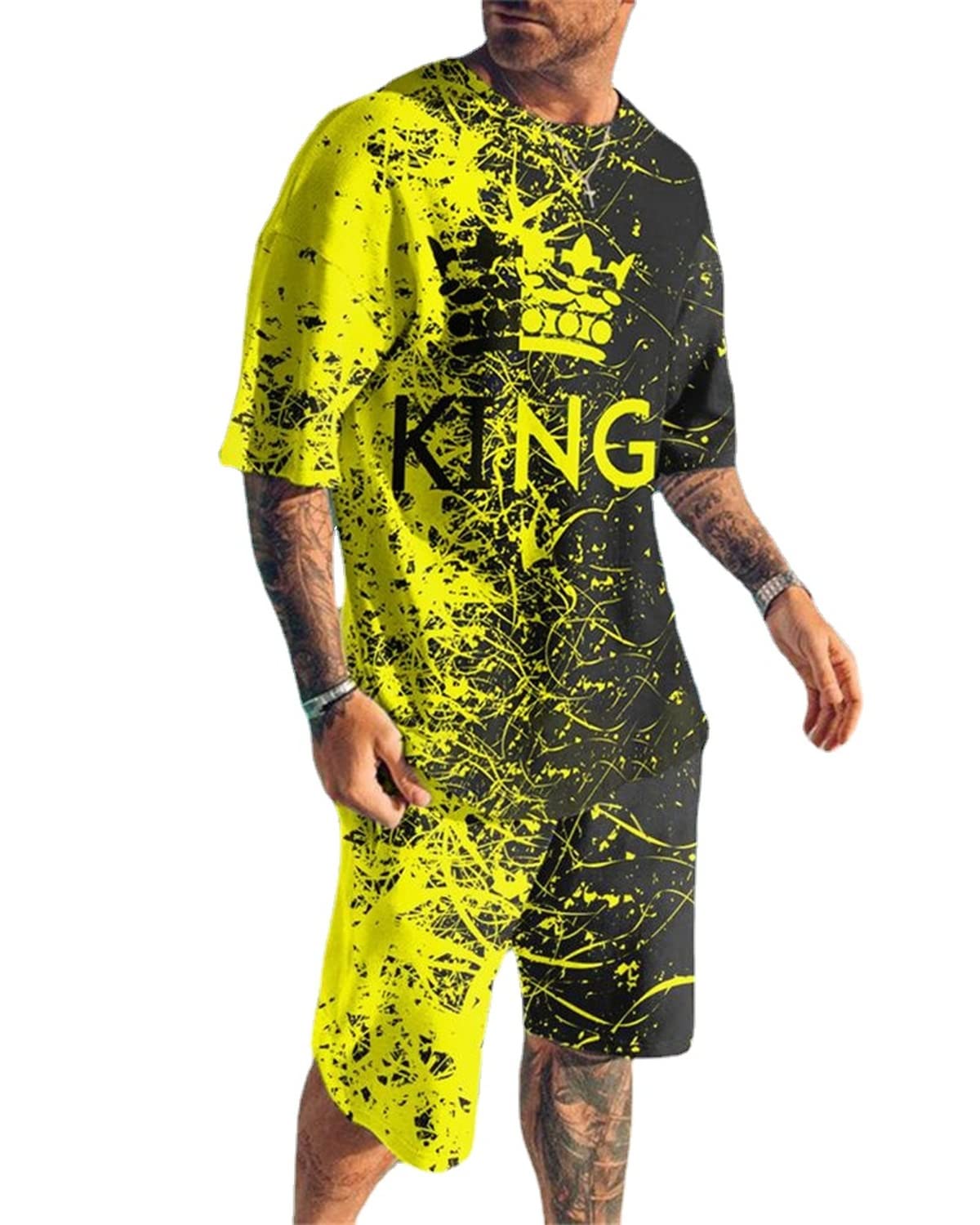 MARLLCO Men's Summer Tracksuit Set - 2 Piece Short Sleeve T-Shirt & Athletic Shorts with 3D Poker Print - Gym, Sports & Casual Wear for Men