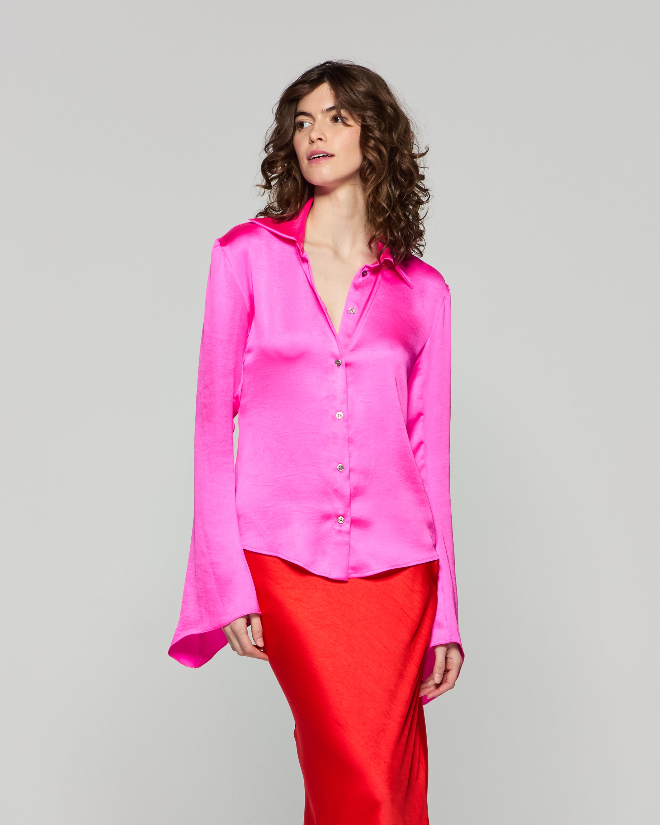 Flared Sleeve Blouse Women's Fashion Top - Bright Pink Long Sleeve Shirt for Casual Wear, Office Outfits & Date Night
