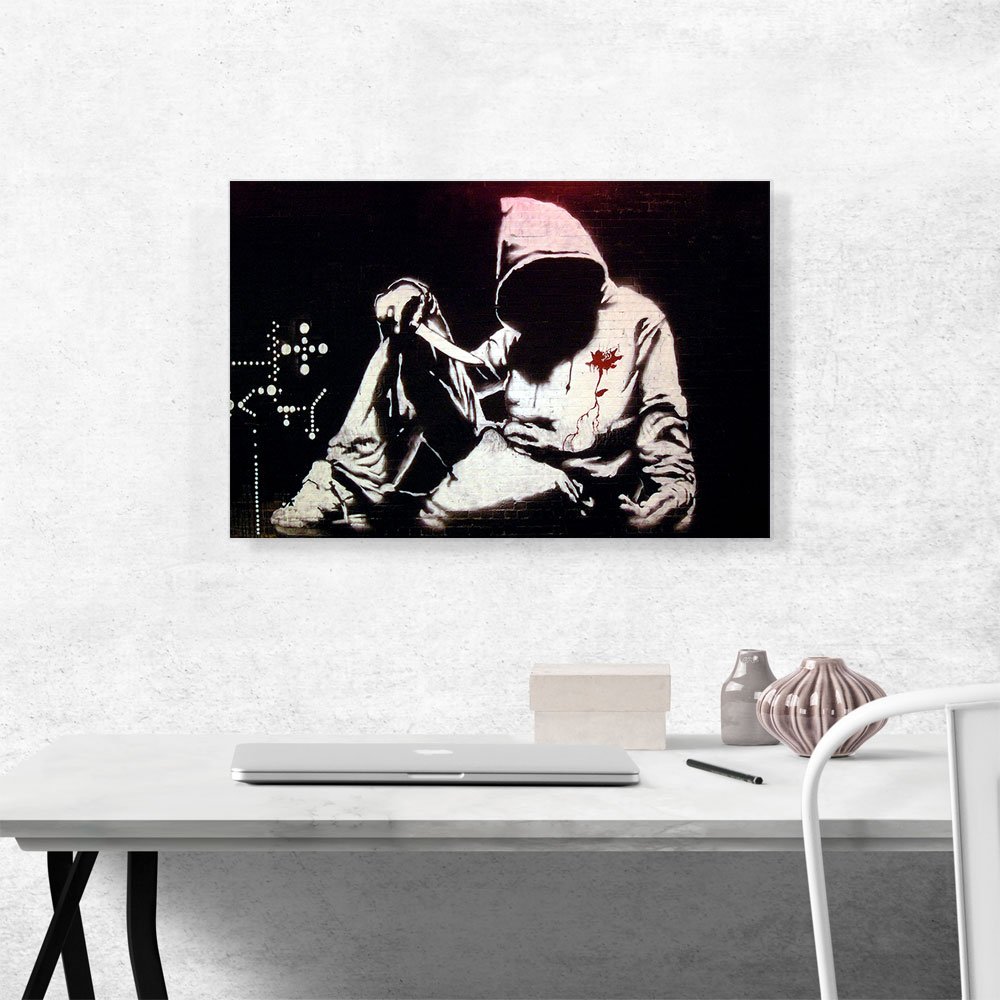 Banksy Hooded Man With Knife Canvas Art Print - 26x18 Inch Stretched Framed Wall Art, Giclee Painting Poster for Home & Office Decor | Urban Street Art Gift for Men, Living Room & Bedroom Wall Decor