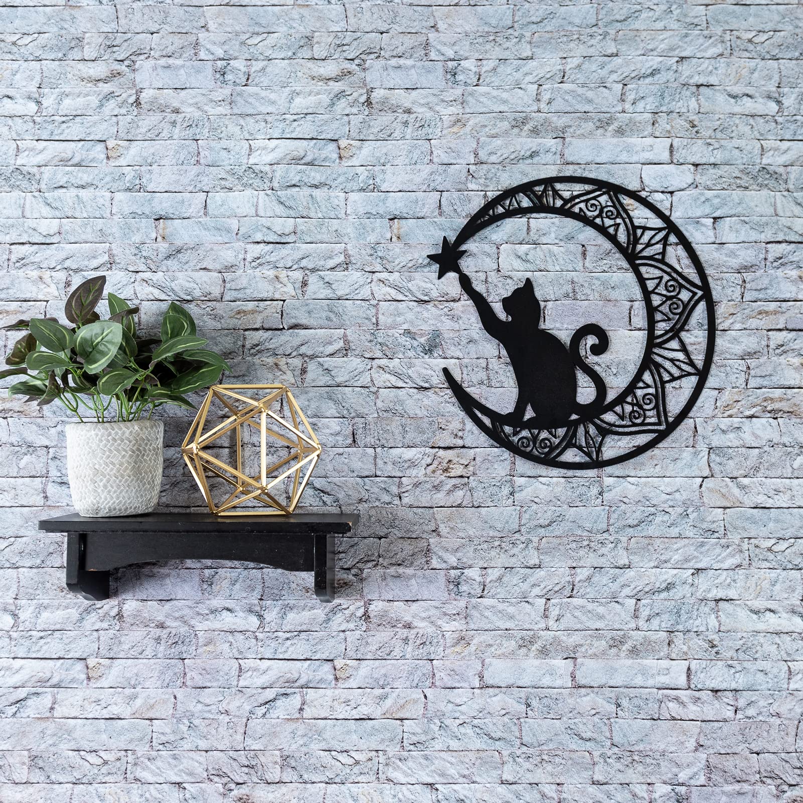 EYONGLION 13Inch Black Metal Cat Wall Decor - Moon & Stars Wall Art for Cat Lovers, Unique Gift for Women - Perfect for Home, Office & Nursery Decor