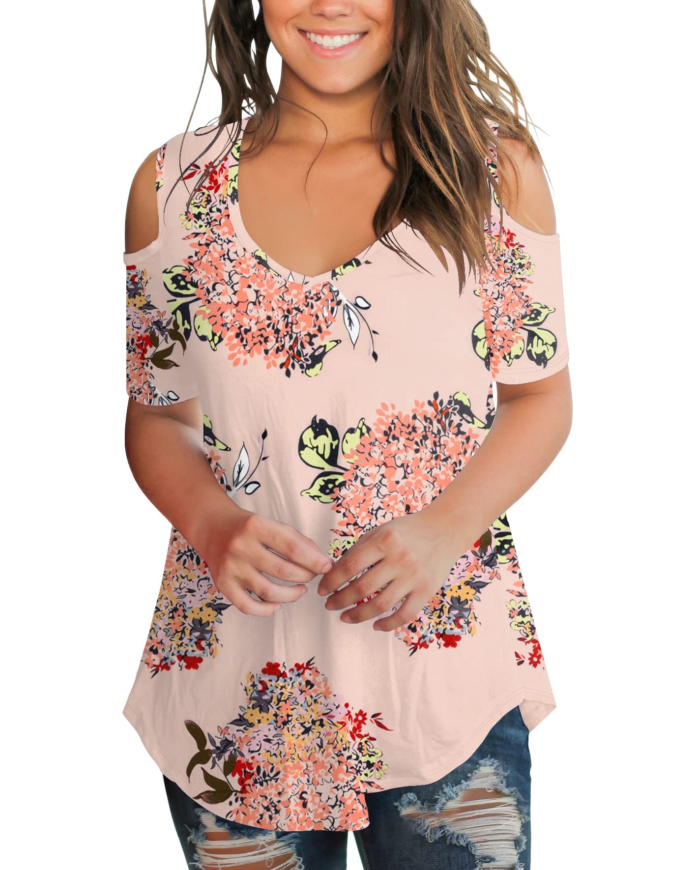 SLIMMING GRIL Women's V Neck Cold Shoulder T-Shirt - Casual Summer Short Sleeve Top for Beach, Party & Everyday Wear