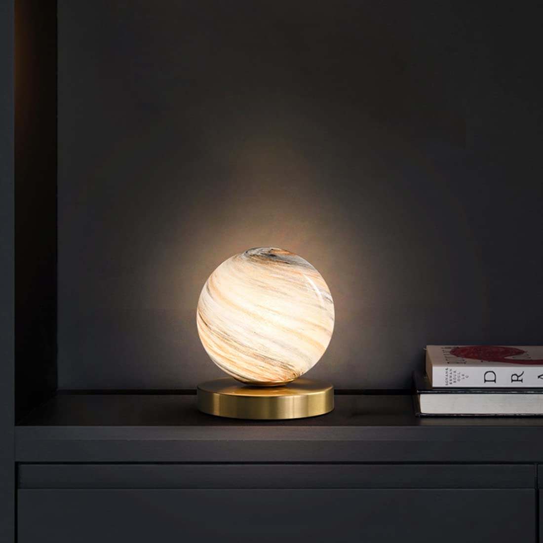 Gold Handblown Glass Globe Table Lamp - Bedside Reading Lamp for Bedroom, Office & Library - Plug-in Desk Light with Moon Shade (Perfect for Nightstands, Workspaces & Cozy Reading Nooks)