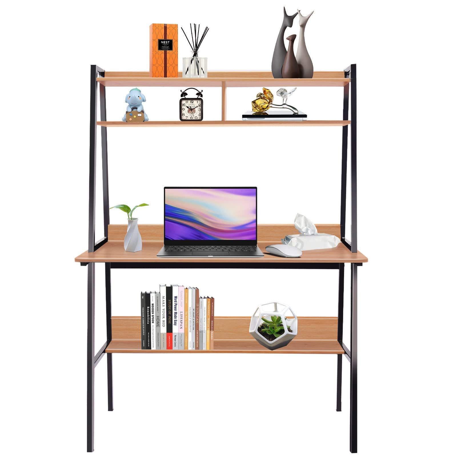 Industrial Style Ladder Desk with Bookshelf - Black Metal Frame & Wood Look Top - Compact Home Office Desk for Small Spaces, Computer & Laptop Workstation - Perfect for Remote Work, Study & Gaming (Brown, One Size)