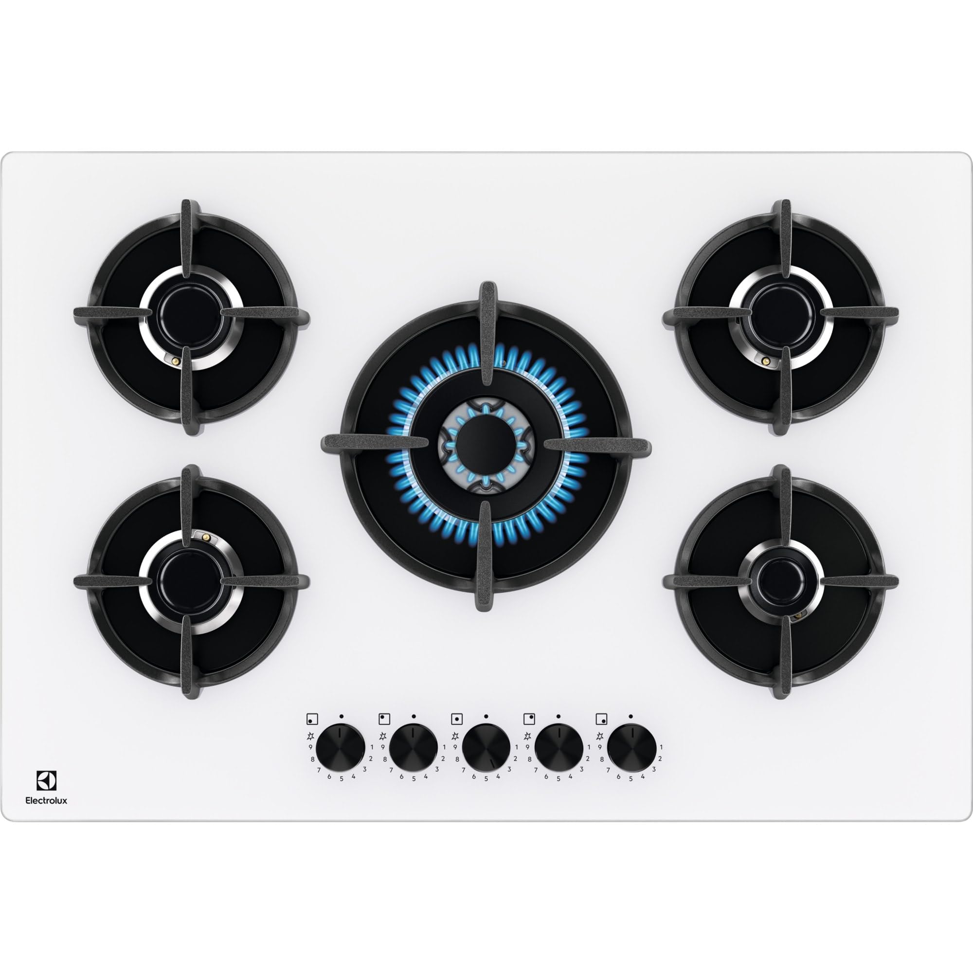 Electrolux EGG75372W 600 Series 75cm Built-In Gas on Glass Cooktop - 5 Burners with Rapid Boil & Wok Burner, Precise Flame Control, Sicurgas Safety (White) - Perfect for Modern Kitchens & Professional Cooking