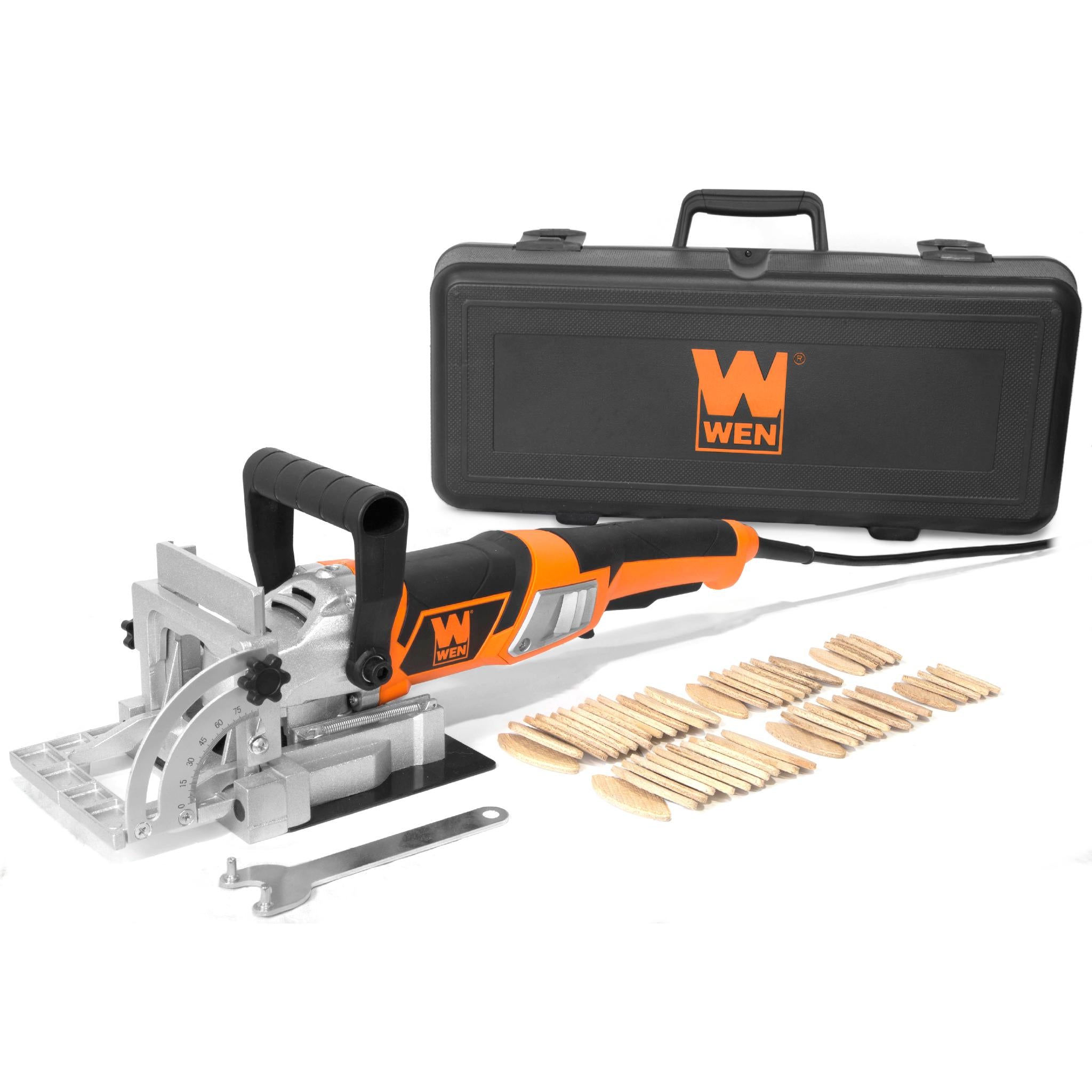 WEN JN8504 8.5 Amp Plate and Biscuit Joiner with Case and Biscuits - Professional Woodworking Tool for Cabinet Making and Furniture Repair