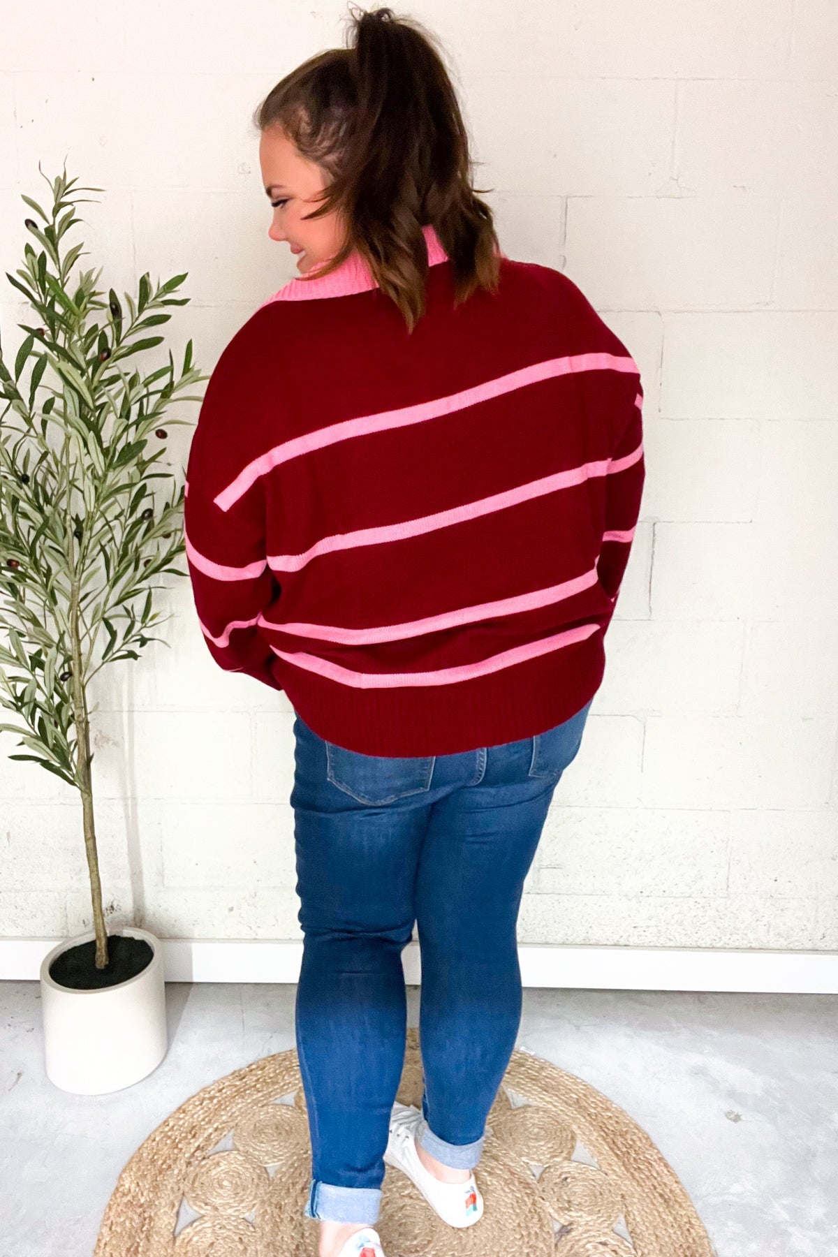 Fall For You Crimson Stripe Notched Neck Collared Oversized Sweater - Women's Cozy Knit Pullover for Autumn & Winter | Perfect for Casual Outfits, Date Nights & Holiday Gatherings