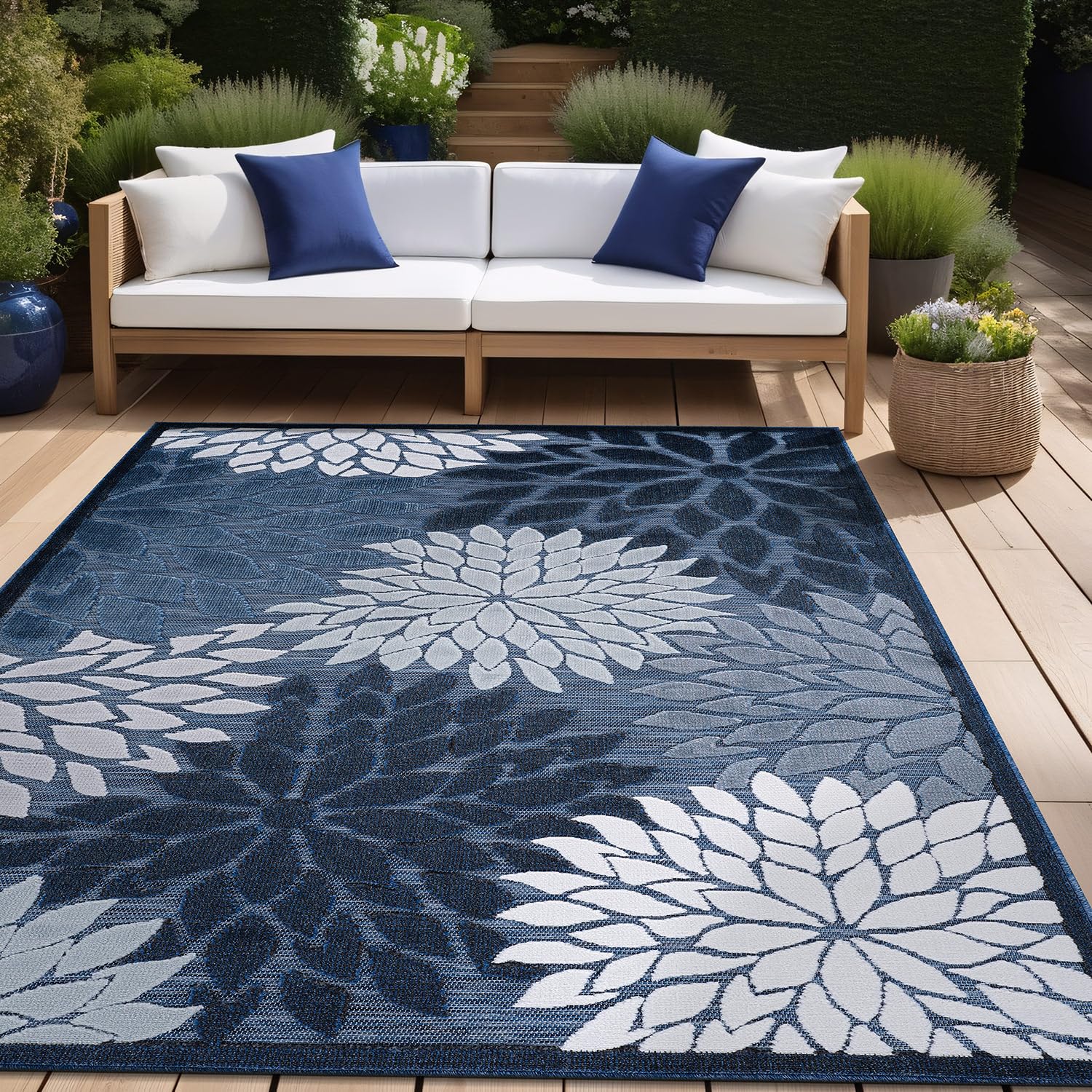 Beverly Rug 8x10 Modern Floral Tropical Indoor Outdoor Area Rug - Non-Shedding, Washable, Easy Clean - Navy Blue - Perfect for Patio, Living Room, Porch & Garden Decor