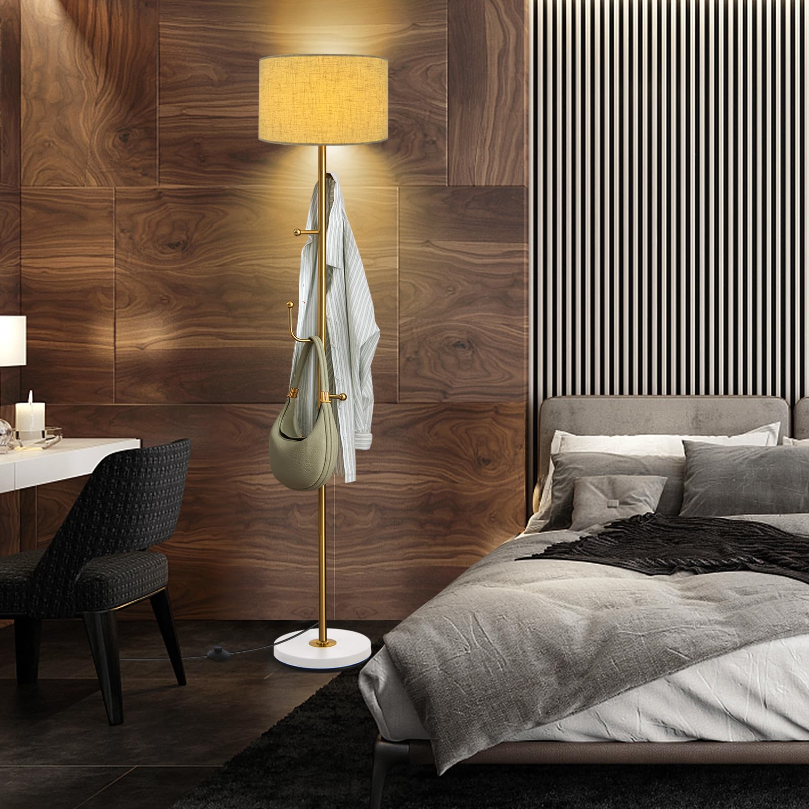 Tangkula Modern Floor Lamp with Coat Rack - 5 Hooks, Foot Switch & Weighted Base, Tall Standing Pole Light for Bedroom & Living Room (E26 Bulb Required) | Perfect for Entryway, Dorm, or Apartment Lighting