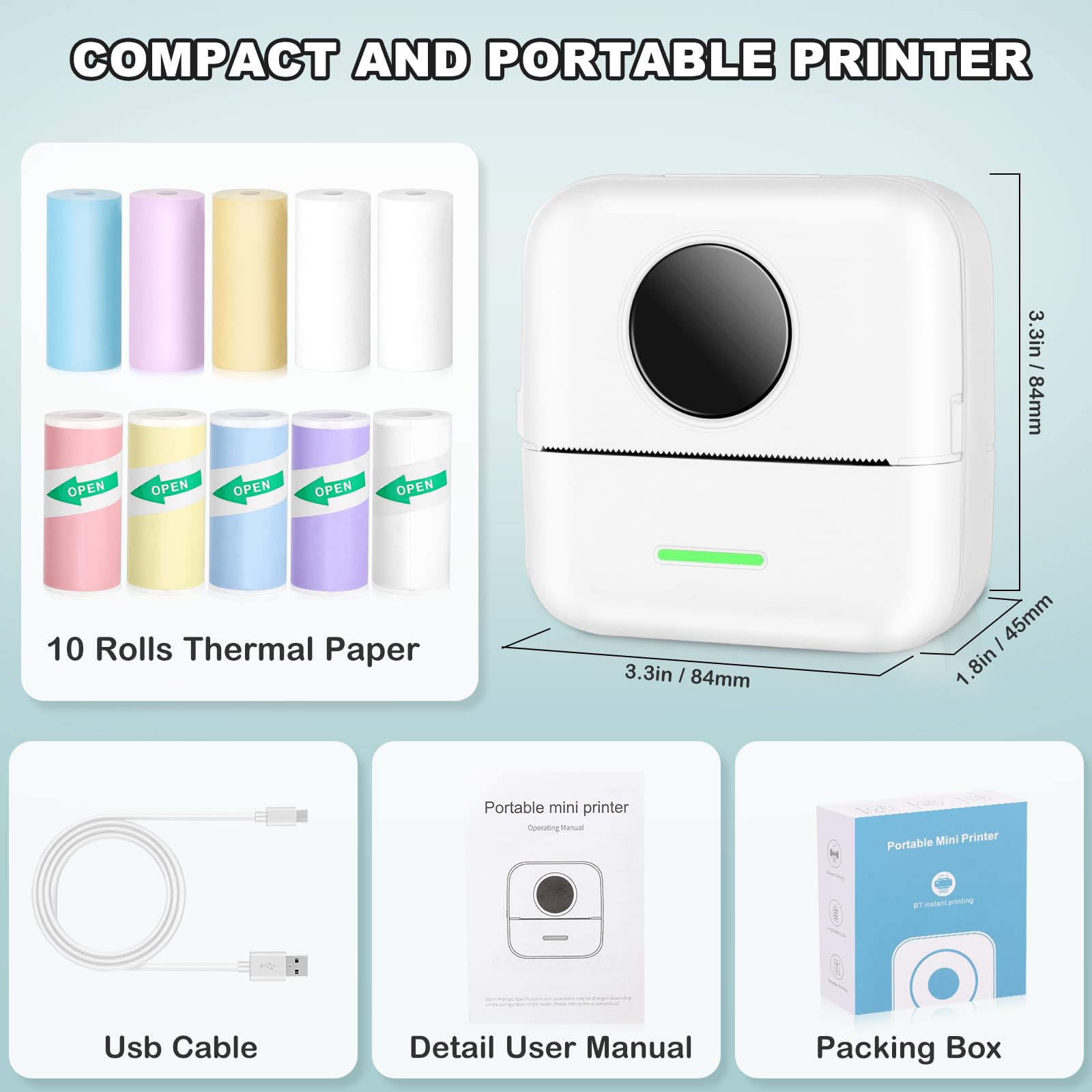Portable Thermal Inkless Sticker Printer - 10 Rolls Printing Paper & Print Pods Included, Mini Printer for Journals, Notes, Kids Gifts - Android & iOS Compatible | Perfect for DIY Crafts, Scrapbooking, School Projects & Party Favors