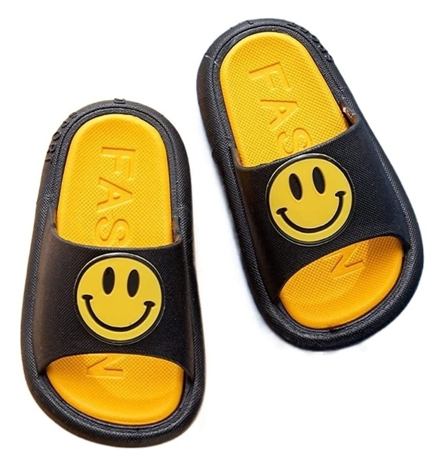 QINGJIA Smiley Face Slippers - Soft Cushioned House Slippers for Women, Men & Kids - Breathable Deodorant Material - Perfect for Home, Beach & Indoor Use (Black, Size 10 Little Kid)
