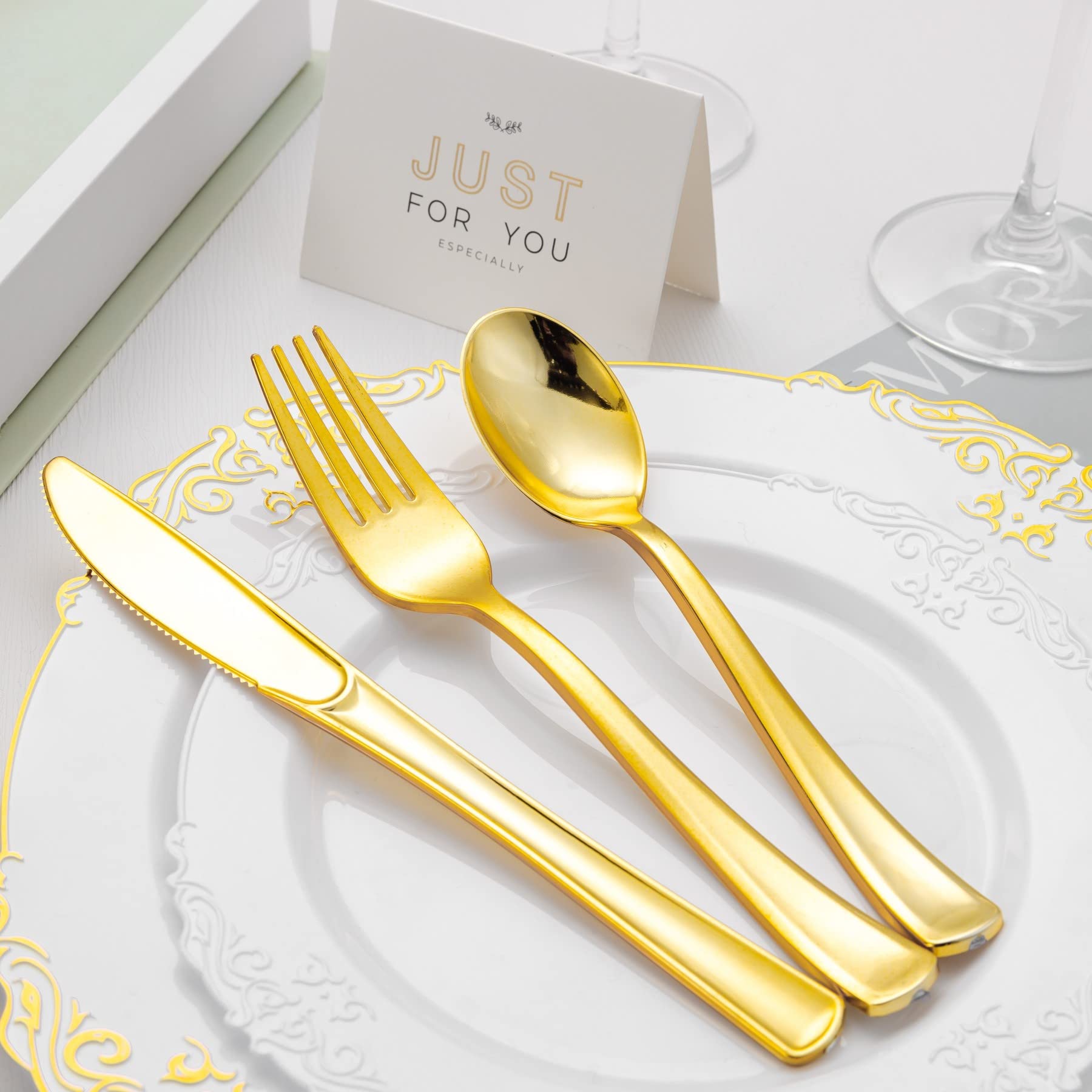 320-Piece Gold Plastic Silverware Set - Disposable Cutlery Includes 120 Forks, 100 Spoons & 100 Knives - Elegant Gold Utensils for Weddings, Parties, Events & Everyday Use - Perfect for Catering, Picnics, BBQs & Home Dining