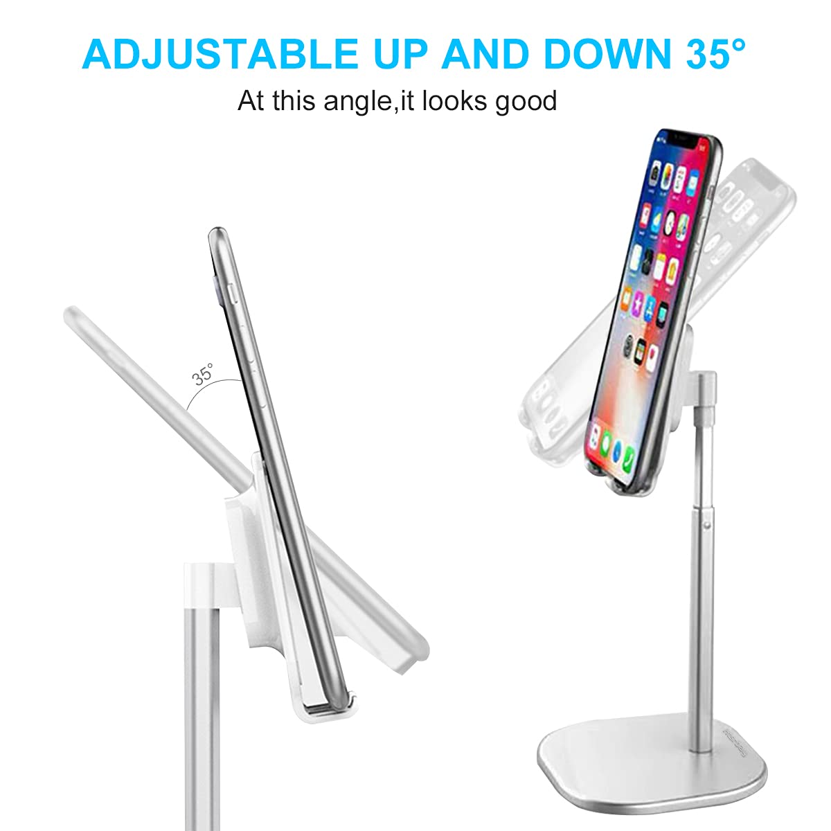 Adjustable Phone Stand Holder for Desk - Compatible with iPhone, iPad, Android Smartphones & Nintendo Switch (4-10 Inch Devices) | Perfect for Video Calls, Gaming & Hands-Free Viewing | Silver