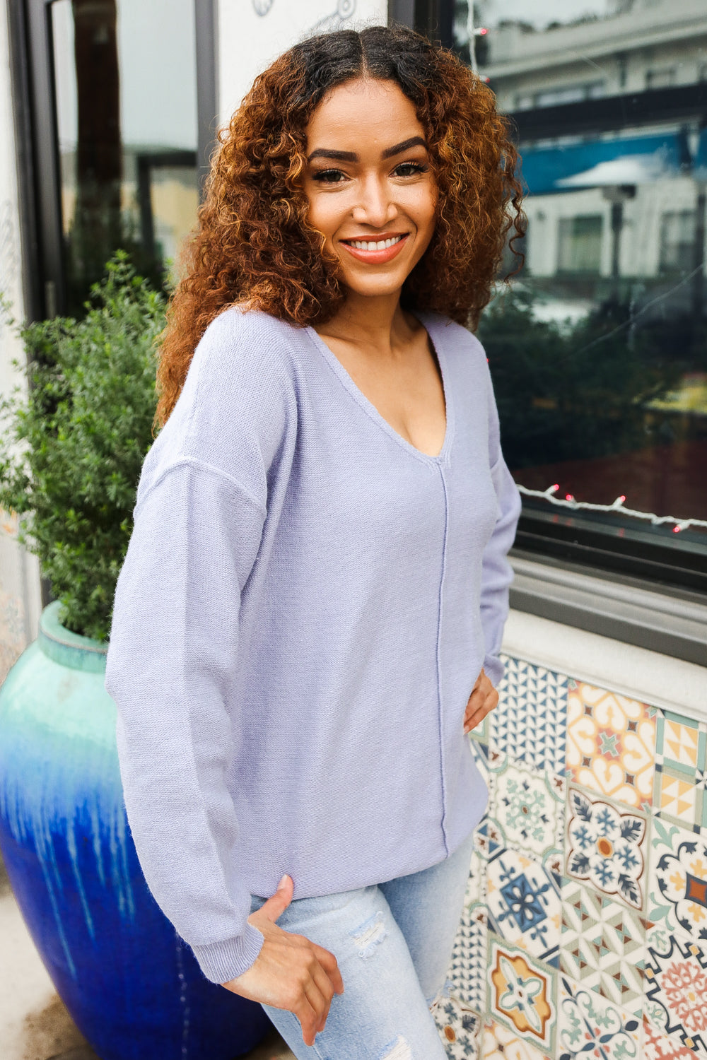 Feeling Femme Light Blue Brushed Knit V-Neck Pullover Sweater - Soft Casual Women's Top for Everyday Wear & Layering