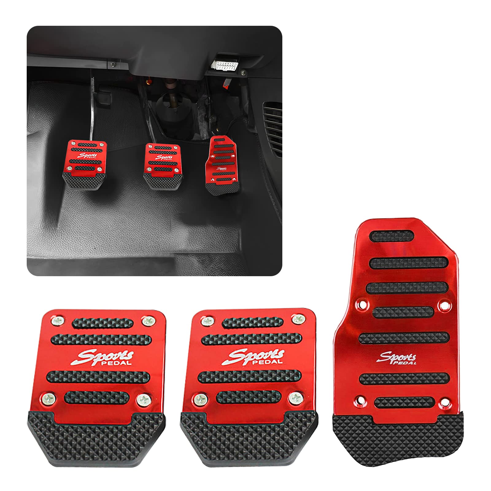 3 PCS Non-Slip Car Pedal Covers - Aluminum Manual Transmission Brake & Clutch Pedal Pads - Universal Fit for Cars, SUVs, ATVs (Red) - Enhances Driving Safety & Comfort for Sports Cars & Off-Road Vehicles
