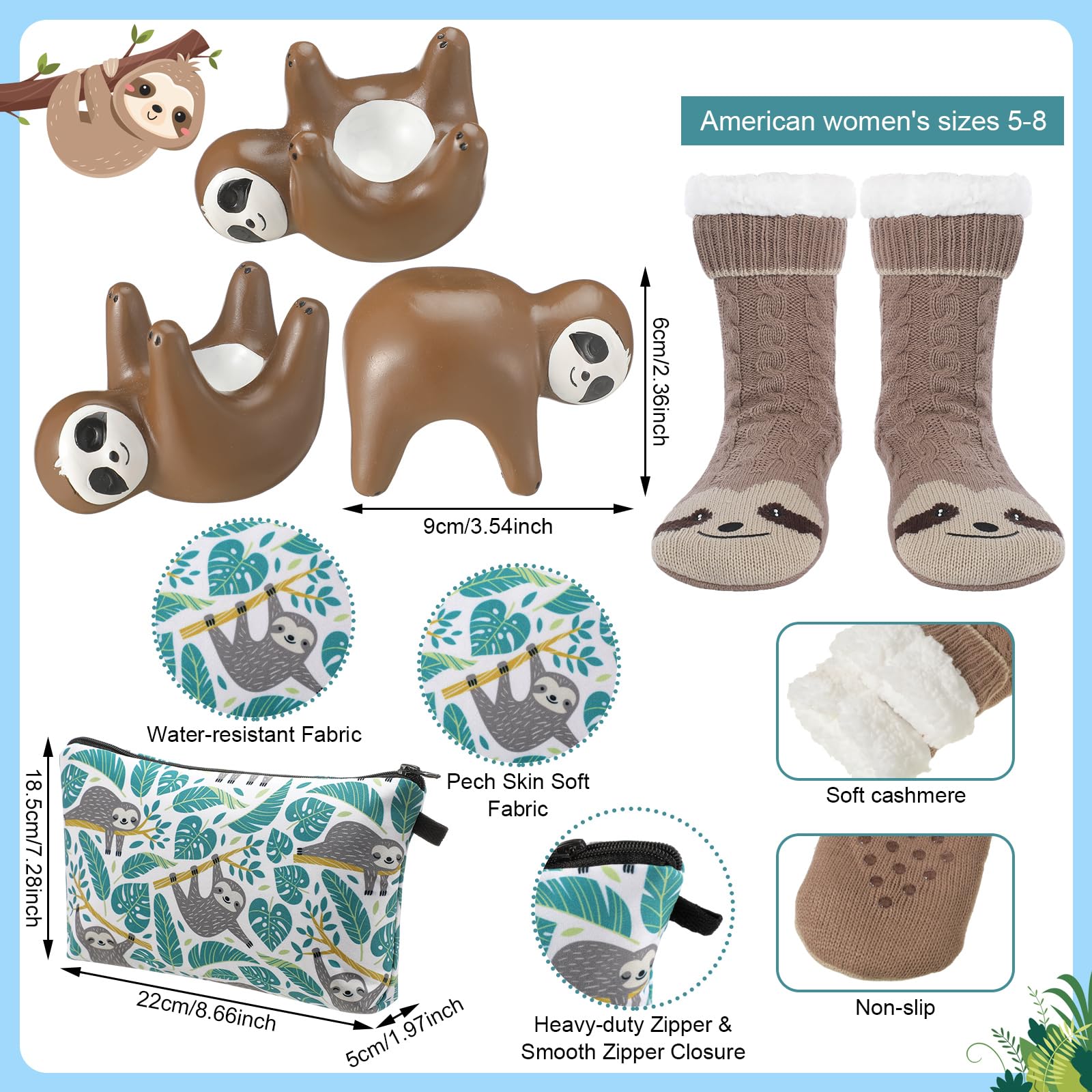 3 Pcs Valentine's Day Sloth Gift Set for Women - Cozy Slippers, Ring Holder & Makeup Bag with Non-Slip Fuzzy Socks | Perfect Birthday Gifts for Mom, Grandma, Teacher & Friends | Ideal for Relaxing at Home, Spa Days & Cozy Nights