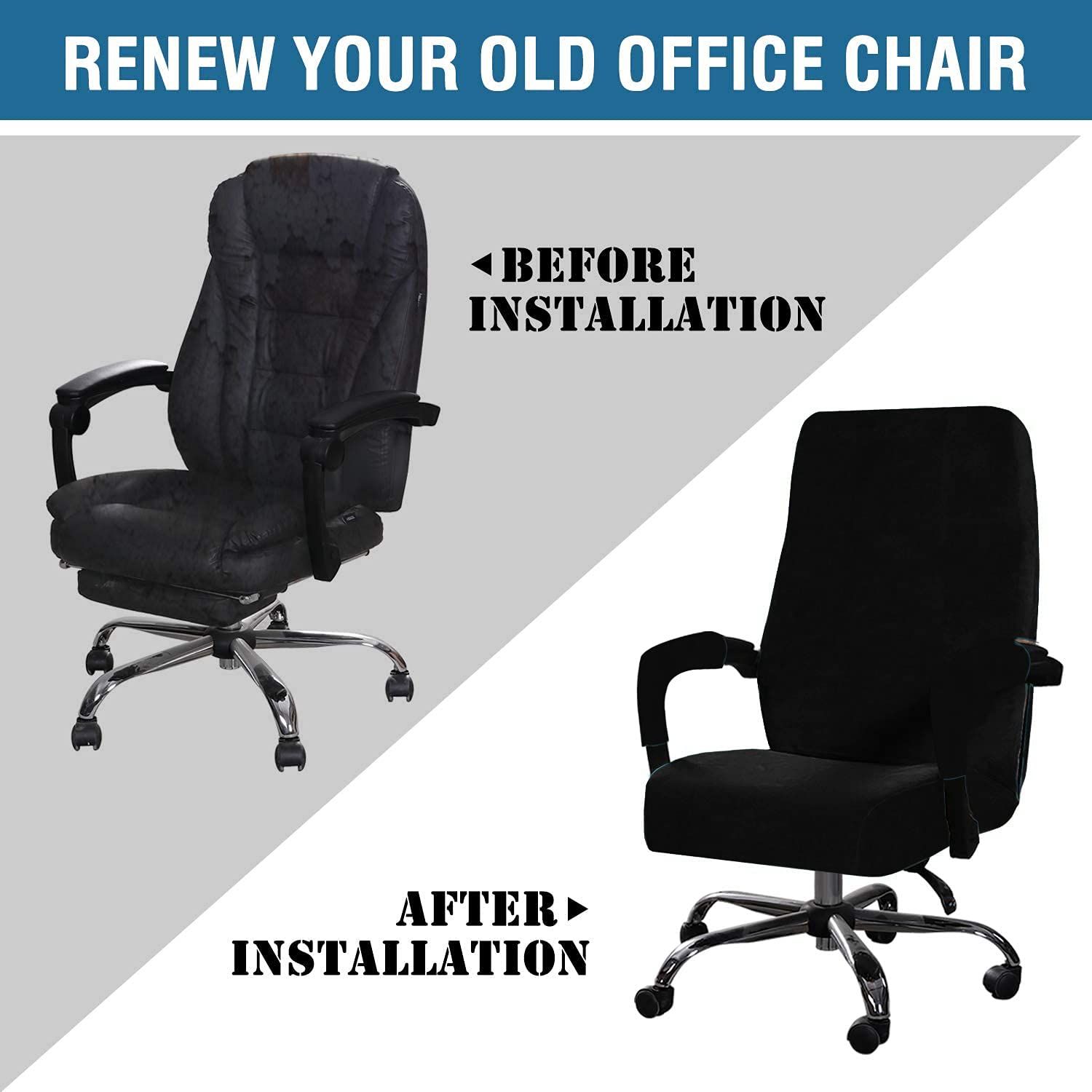 Stretchable Velvet Office Chair Cover - Removable & Washable Universal Elastic Slipcover for Computer, High Back & Rotating Chairs - Modern Minimalist Style (Black, Large) - Perfect for Home Office, Gaming & Workspace Decor