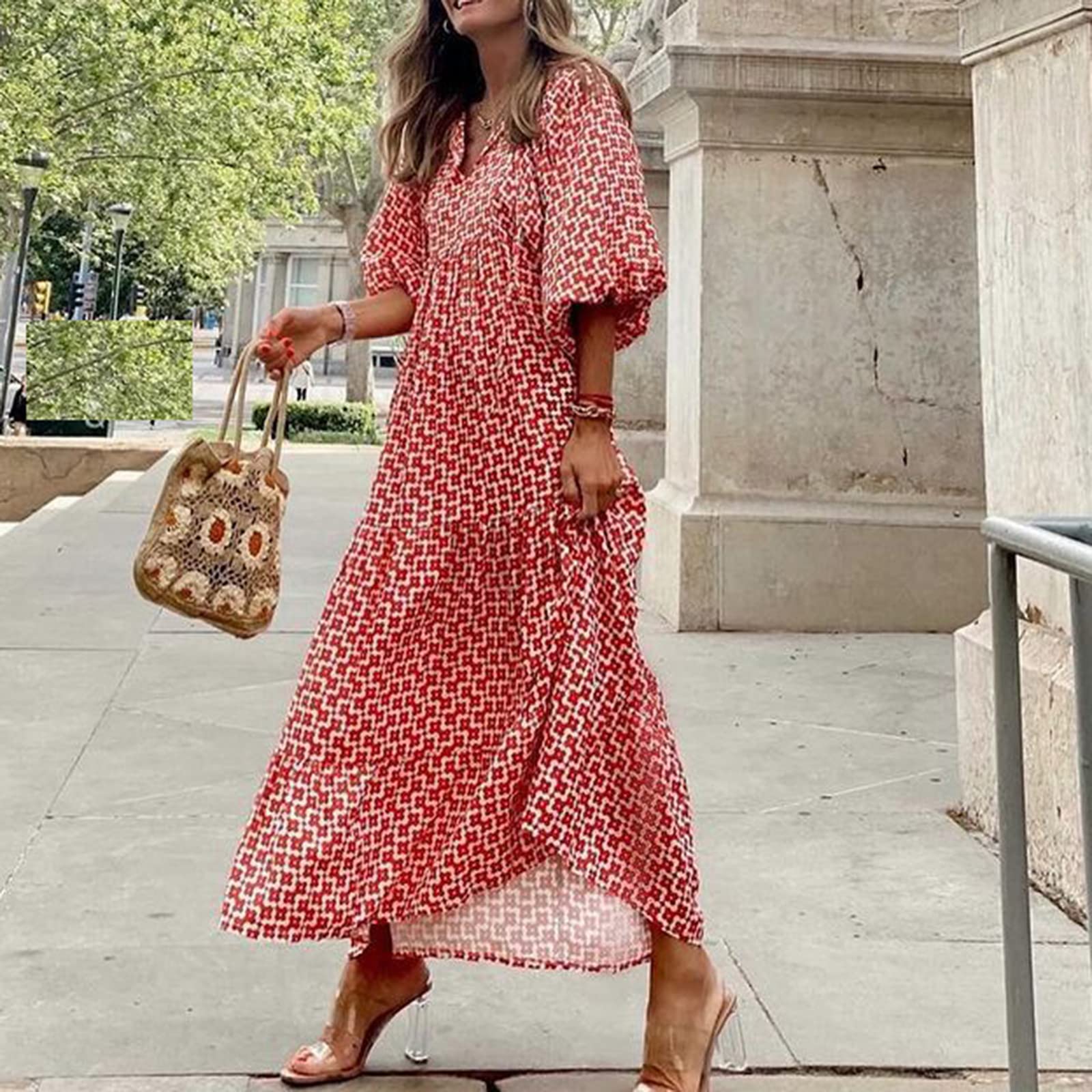 Bohemian Floral Maxi Dress for Women - V-Neck Puff Sleeve Summer Beach Sundress | Perfect for Vacation, Pool Party & Boho Fashion Outfits