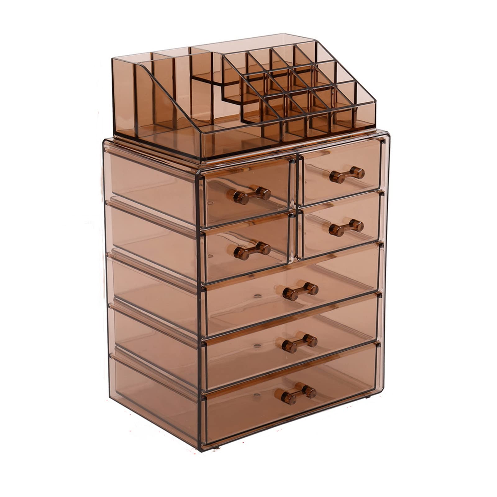 Tesmula 2-Piece Plastic Cosmetic Storage Organizer Set with 7 Large Drawers - Brown | Beauty Salon & Home Vanity Makeup Organizer for Brushes, Nail Polish & Skincare Products