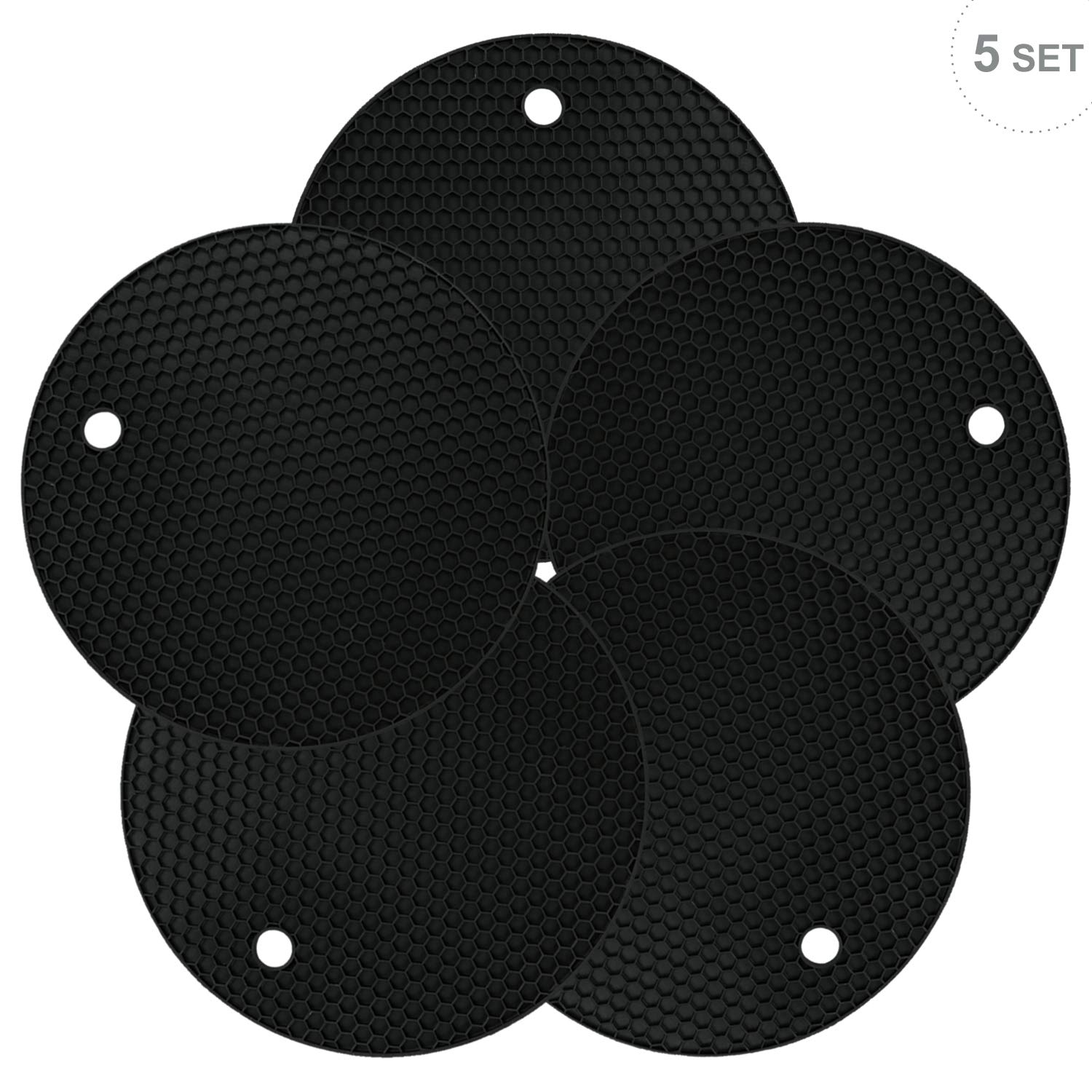5-Pack Extra Thick Silicone Pot Coasters - Heatproof Trivet Mats for Hot Pans & Cookware | Non-Slip Durable Kitchen Table Mats | Honeycomb Design Heat Resistant Pads (Black) - Perfect for Dining Tables, Countertops & Outdoor BBQ Use