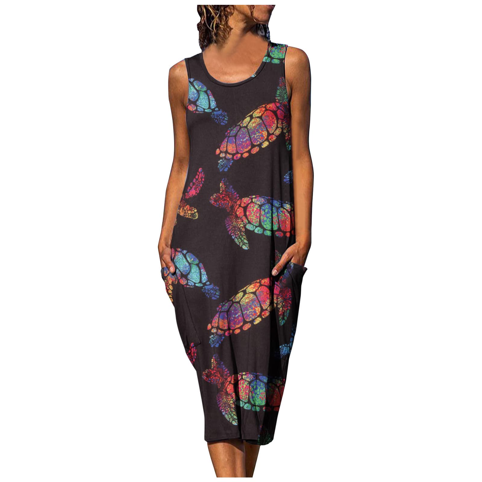 Women's Sleeveless Summer Dress - Round Neck Loose Casual Midi Sun Dress with Turtle Print & Pockets | Beachwear, Vacation Outfit, Poolside Coverup, Tropical Resort Wear