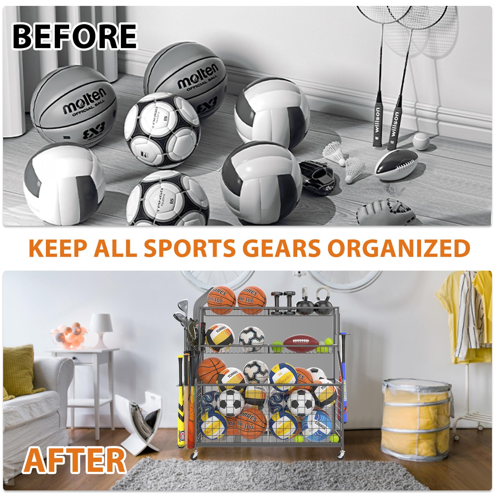 Gadroad Rolling Sports Ball Storage Cart with Baskets & Hooks - Garage Organizer for Basketball, Soccer, Football Equipment - Heavy-Duty Black Sports Gear Rack for Home, Gym, and Playroom Organization