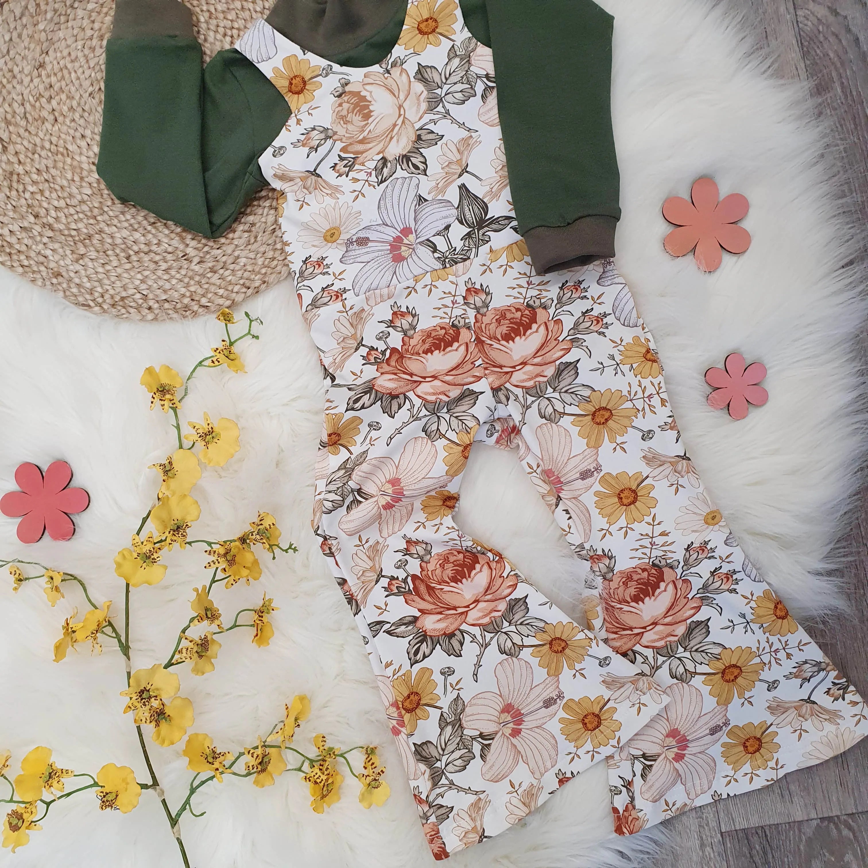 Retro Flared Jumpsuit for Kids - Vintage Style Chamomile Rose Print Romper | Perfect for Birthday Parties, Photo Shoots & Casual Playdates