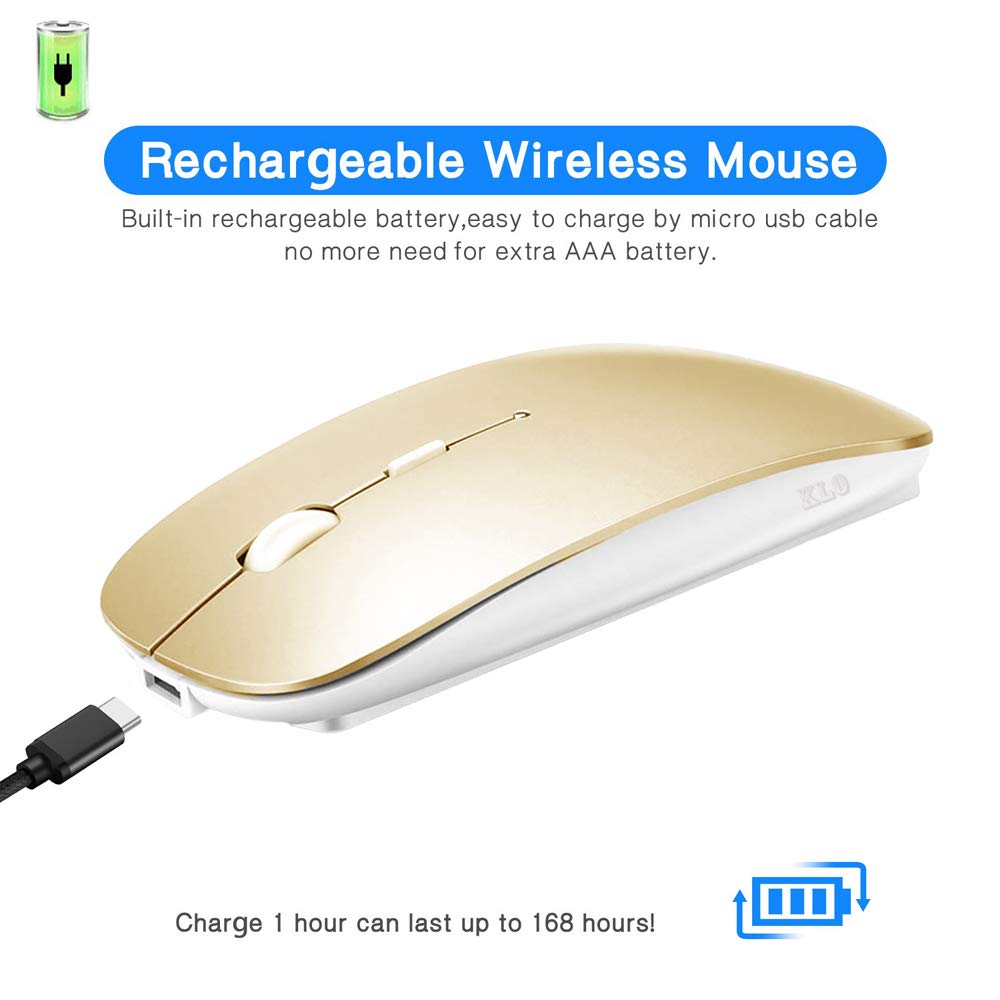Rechargeable Bluetooth Mouse for MacBook, MacBook Air, Pro, iPad, Laptop, Notebook, PC, Chromebook - Wireless Gold Mouse for Work, Travel & Home Office Use