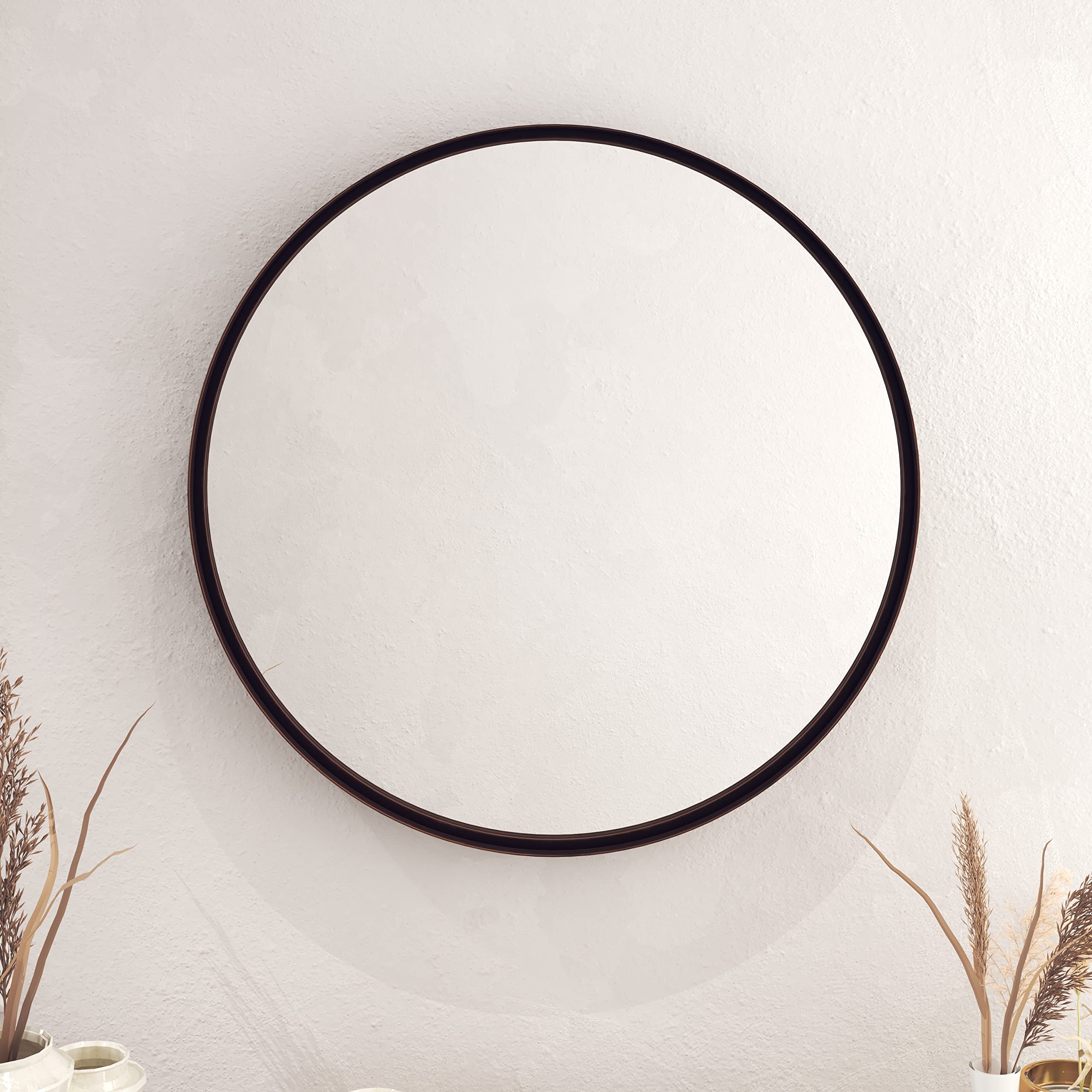 HBCY Creations 27.5 Inch Round Wall Mirror - Brushed Bronze Metal Frame, Handcrafted Oil Rubbed Finish, Decorative Hanging Mirror for Rustic, Boho & Farmhouse Decor - Perfect for Living Room, Bedroom, Entryway & Bathroom