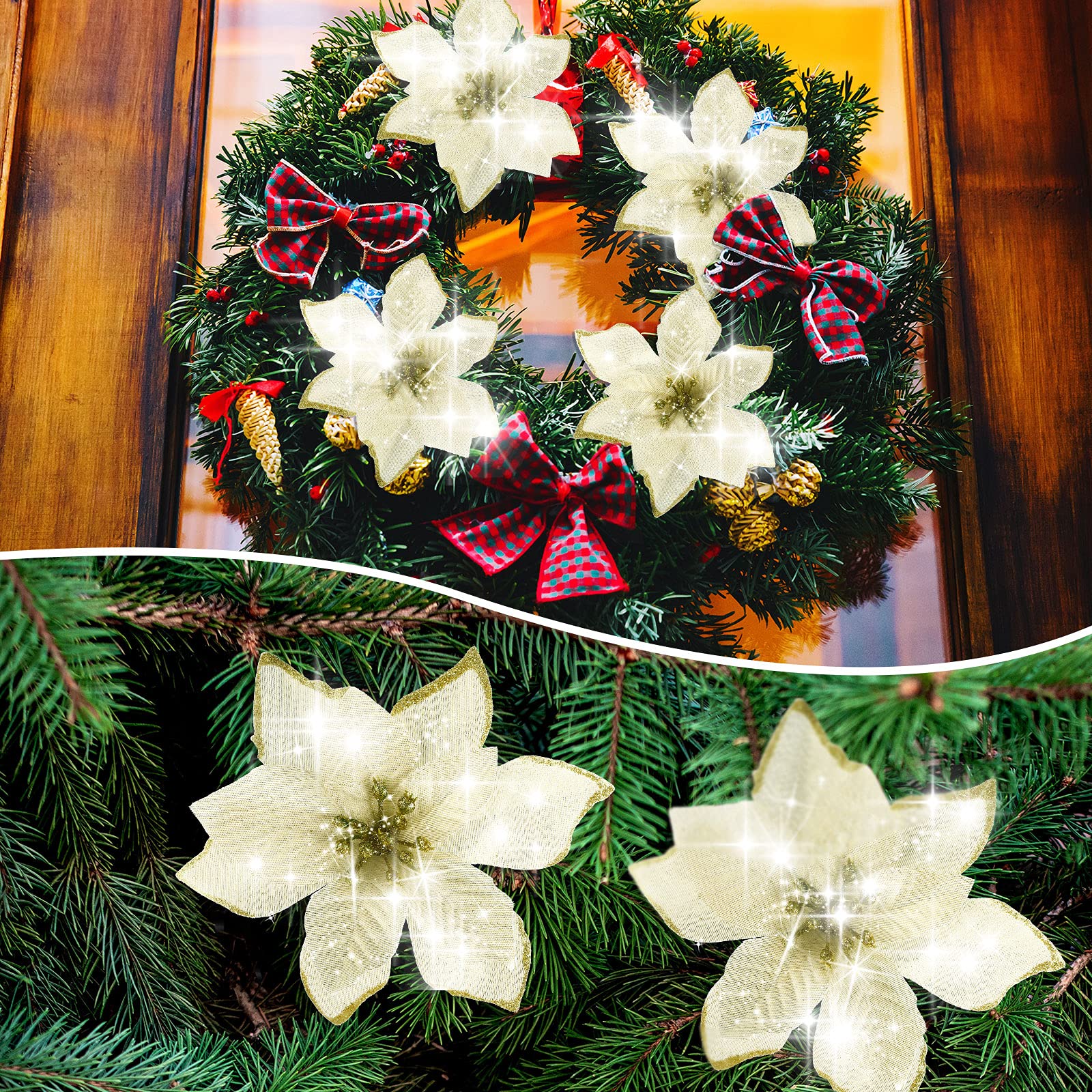 Gold Glitter Christmas Tree Ornaments - 40 Pack Artificial Poinsettia Flowers for Holiday Decor, Wedding Centerpieces & Wreath Decorations | Perfect for Xmas Tree, Mantel & Festive Home Decor