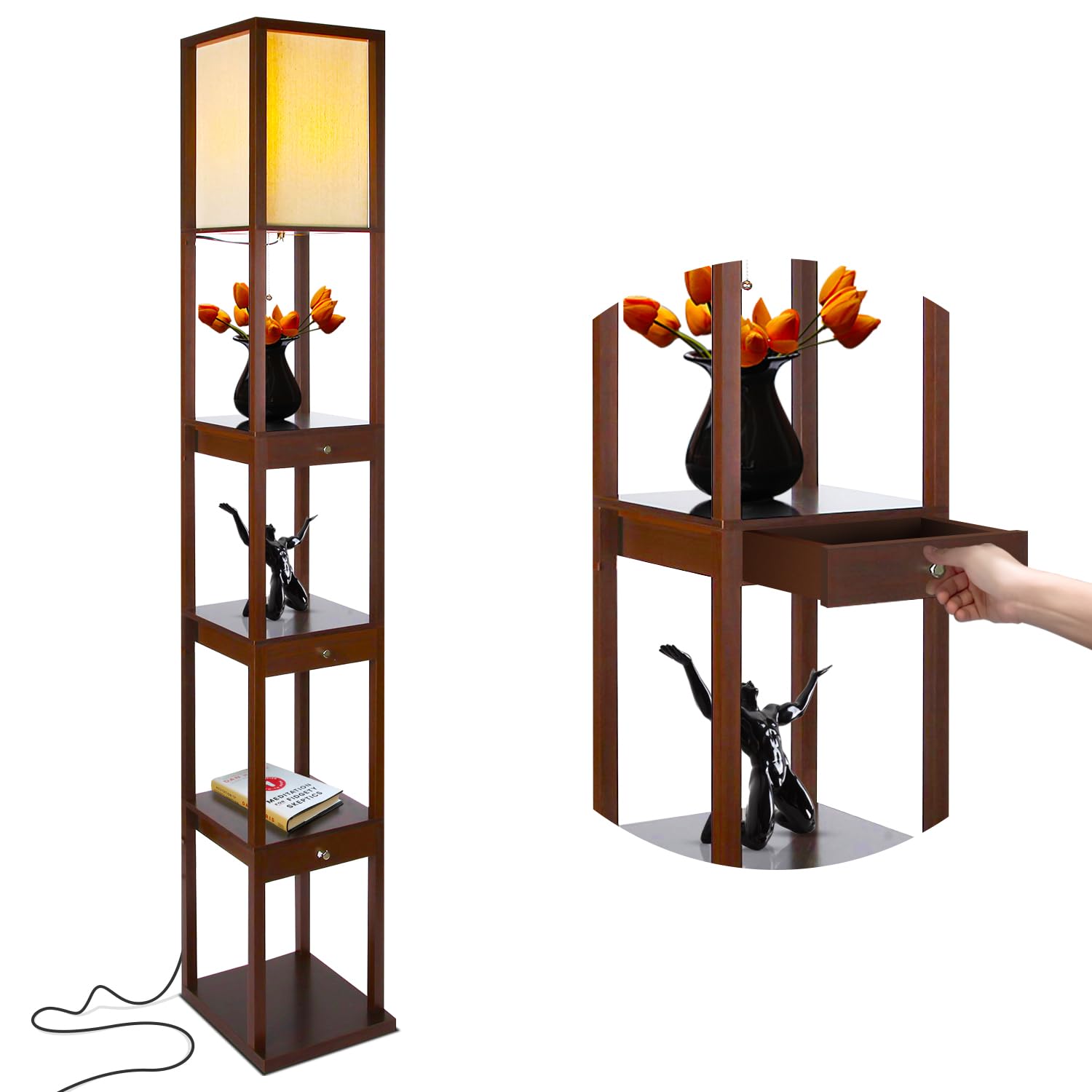 Brightech Maxwell Drawer Edition - Modern Shelf Floor Lamp with Storage Drawer - Corner Display Floor Lamp with Shelves for Living Room, Bedroom & Office - Havana Brown - Perfect for Reading, Decor & Small Space Organization