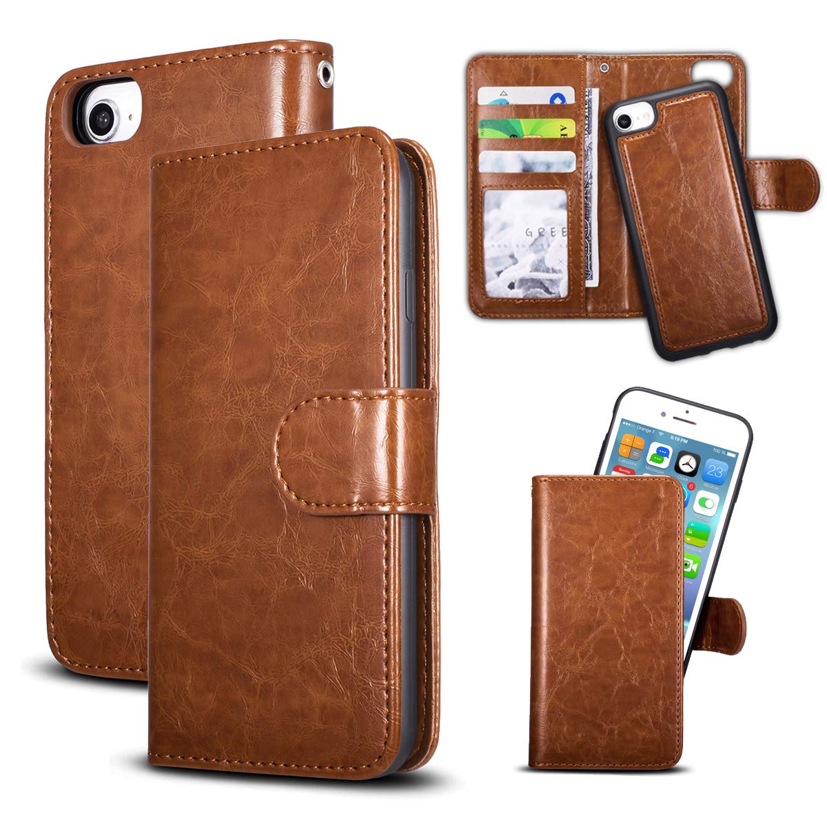 QLTYPRI iPhone SE 2020/7/8 Case - Glitter PU Leather Magnetic Wallet Case with Card Slots & Kickstand | 2-in-1 Detachable Slim Design | Perfect for Daily Use, Travel & Business (Brown)