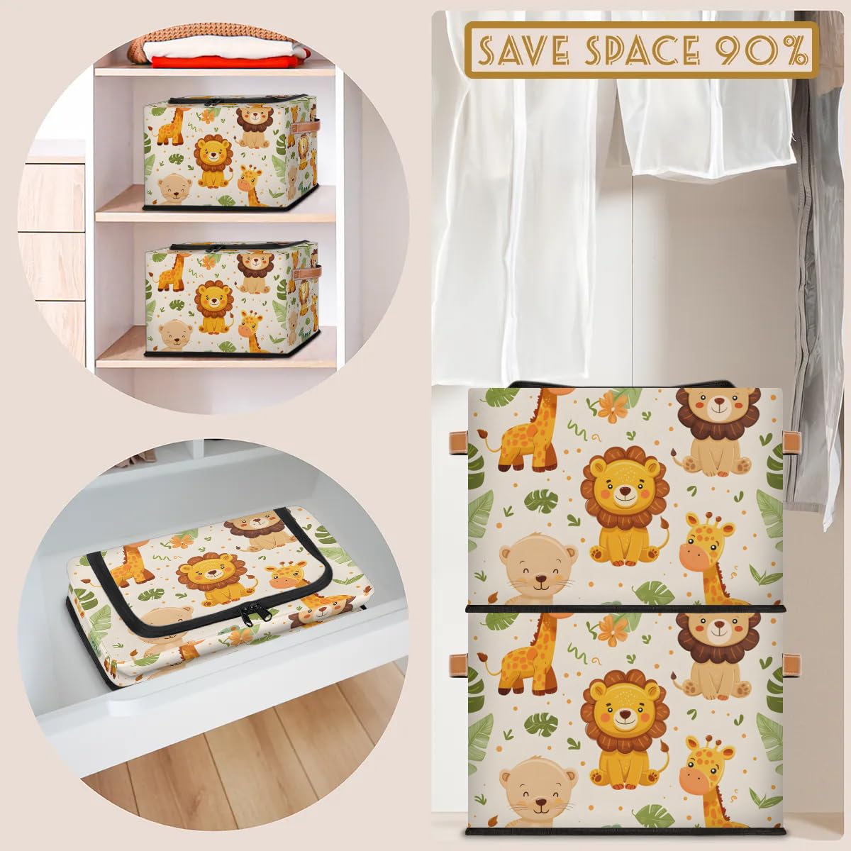 Collapsible Storage Bins with Lids - Jungle Animal Print Stackable Fabric Storage Cubes | Dustproof Closet Organizer for Clothes, Toys, Blankets | Perfect for Kids' Room, Nursery & Home Organization