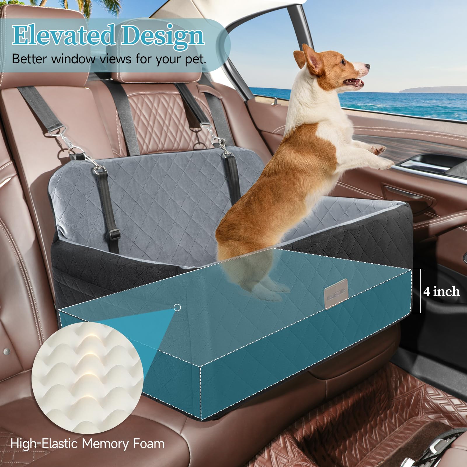 **Premium Dog Car Seat for Medium & Large Dogs - Washable & Detachable Pet Booster Seat for Dogs Up to 55 lbs or 2 Small Dogs - Backseat Dog Bed with 2 Safety Leashes (Black/Grey) - Perfect for Road Trips & Daily Commutes**